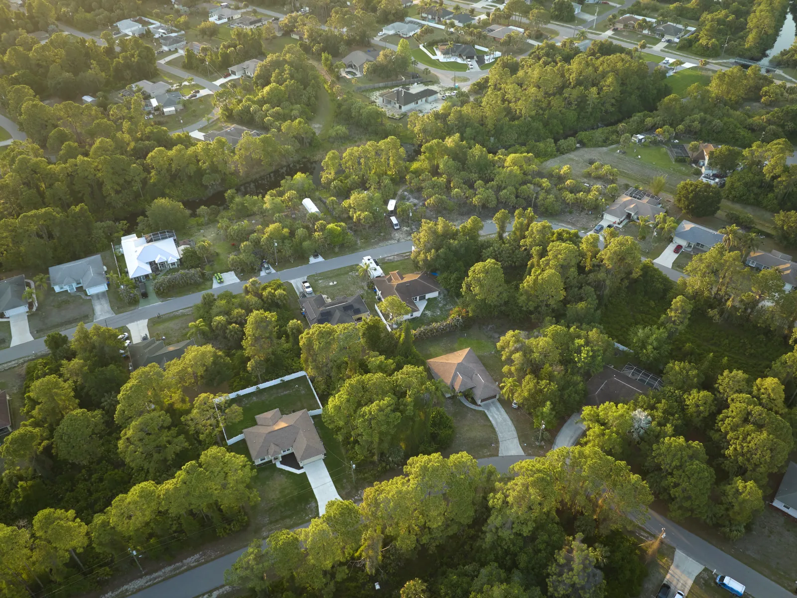 Aerial view of a green suburban neighborhood with houses, trees, and winding roads in soft sunlight.