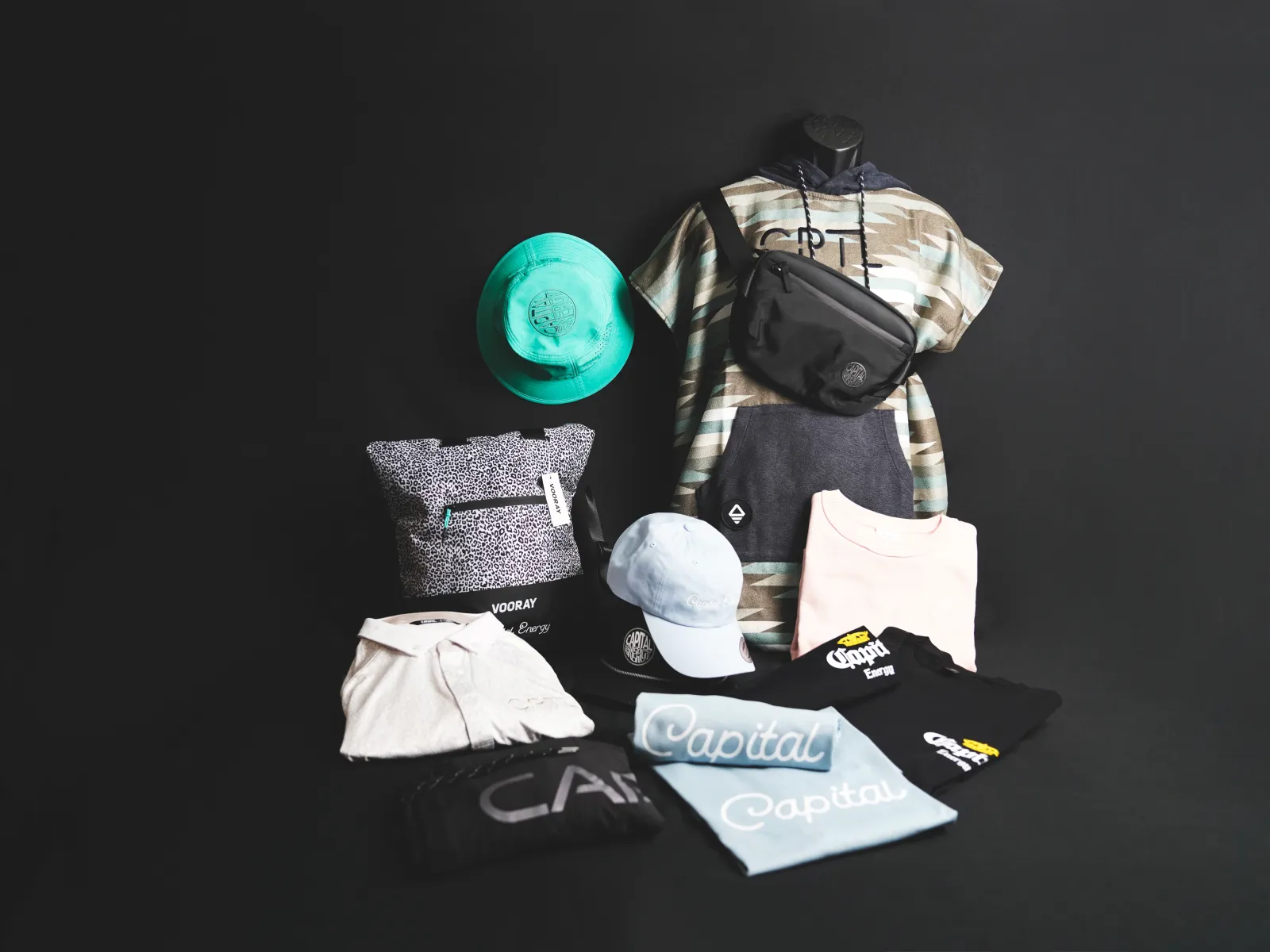 a backpack and some hats