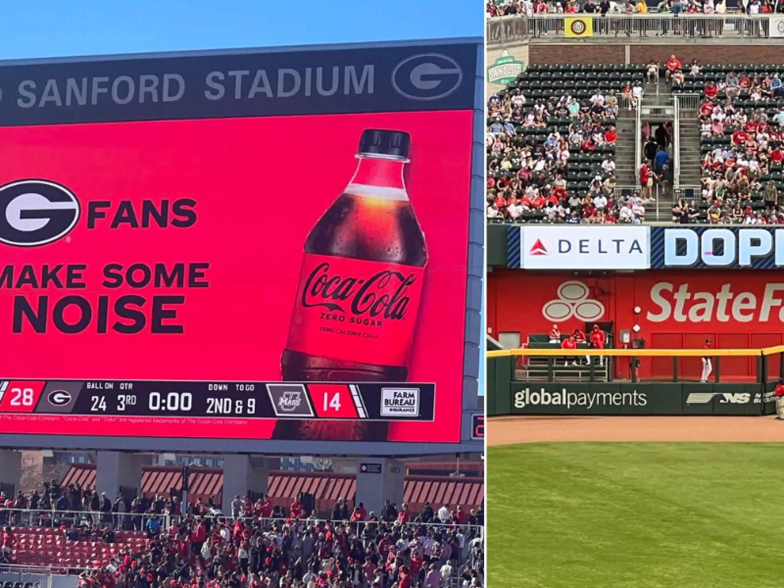 Scoreboard at Sanford Stadium showing Georgia Bulldogs game stats with a Coca-Cola ad and fans in stands