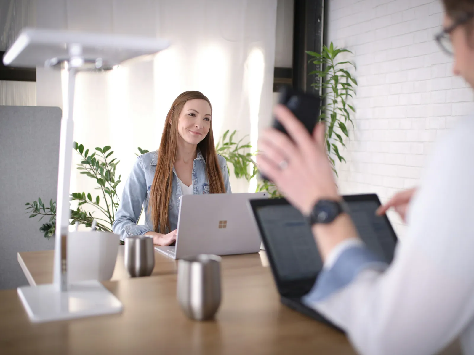 Two colleagues collaborate in a bright modern office with laptops, plants, and a wooden table.