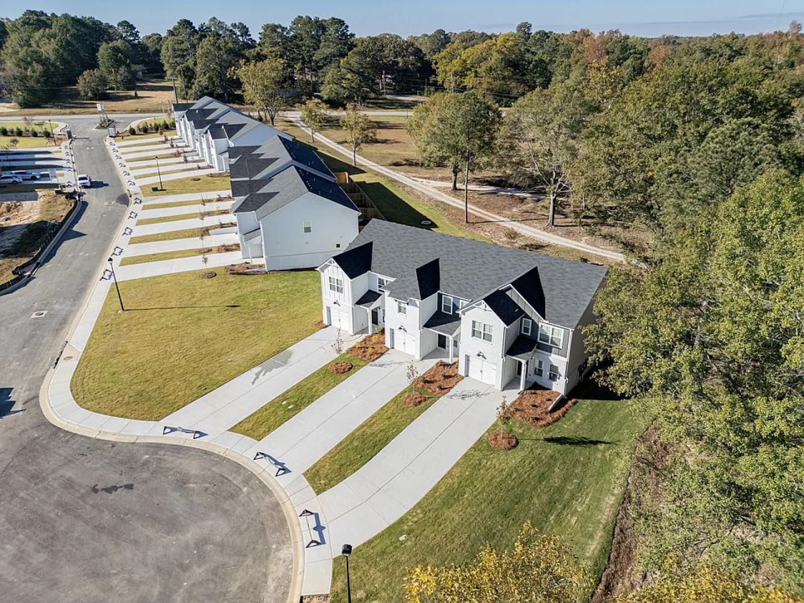 Aerial view of a suburban neighborhood with modern homes, driveways, and green lawns alongside a wooded area.