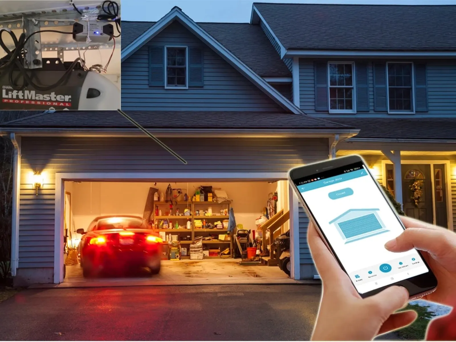 Smartphone app remotely operating a garage door opener with a car entering a lit garage at dusk.