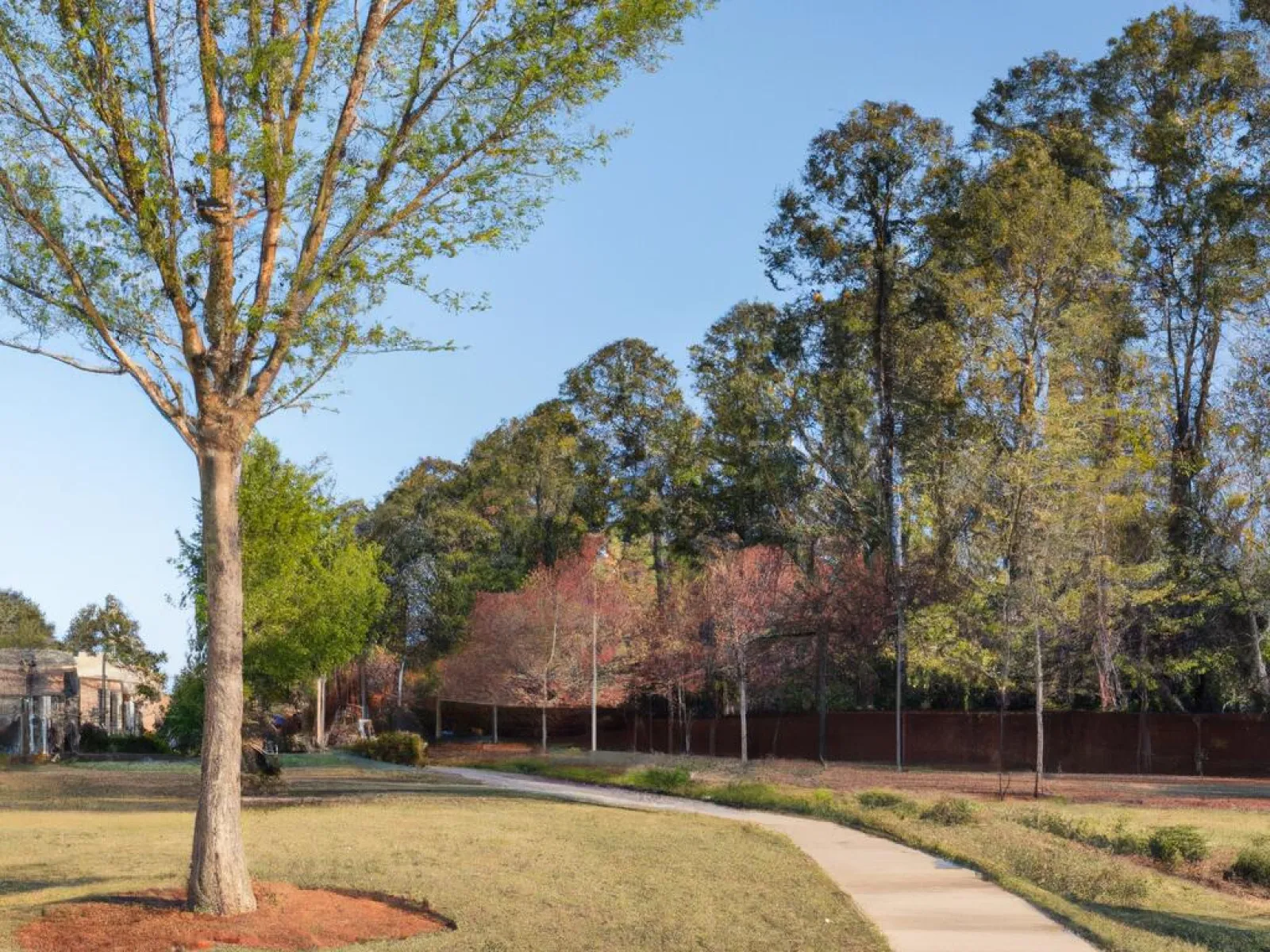 Curved concrete path winds through a grassy park with tall trees and clear blue sky on a sunny day