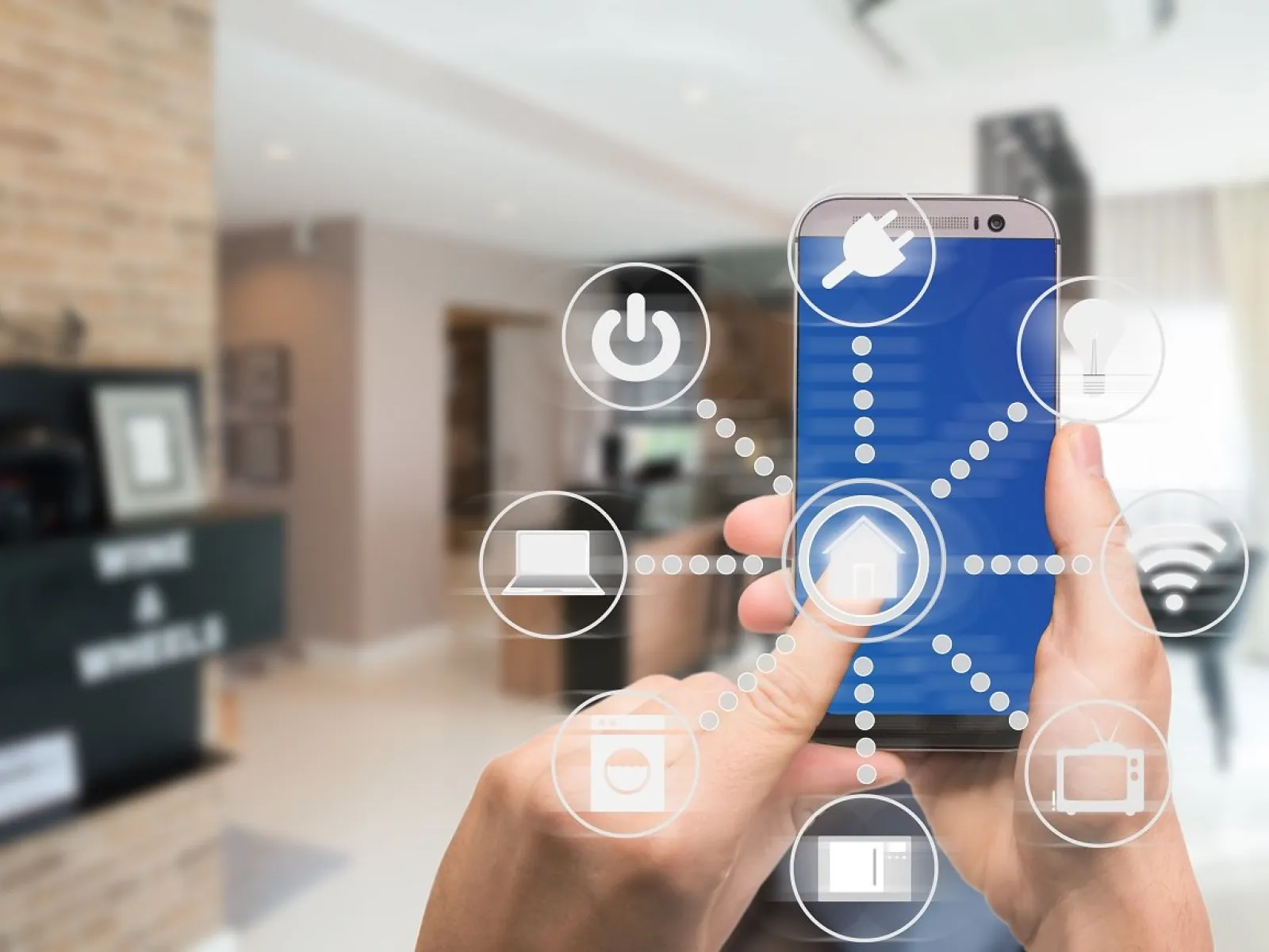 Person holding smartphone controlling smart home devices in a modern living room with icons