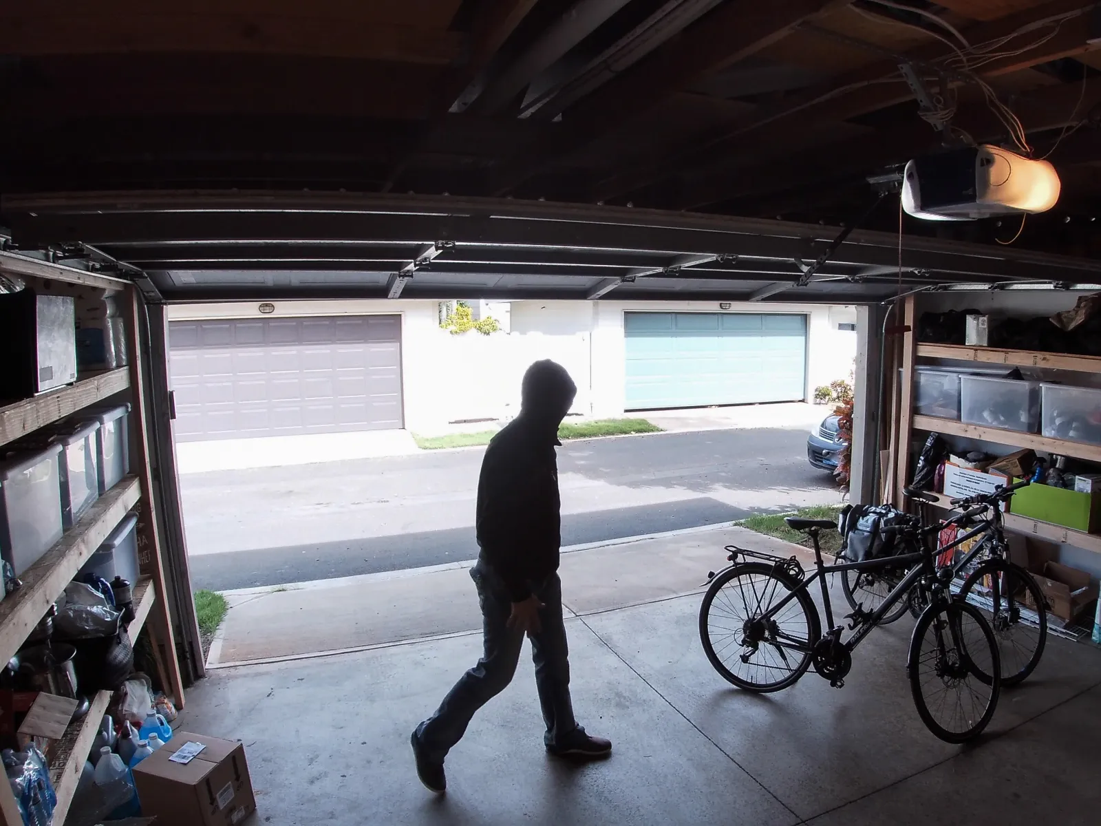 a person walking in a garage