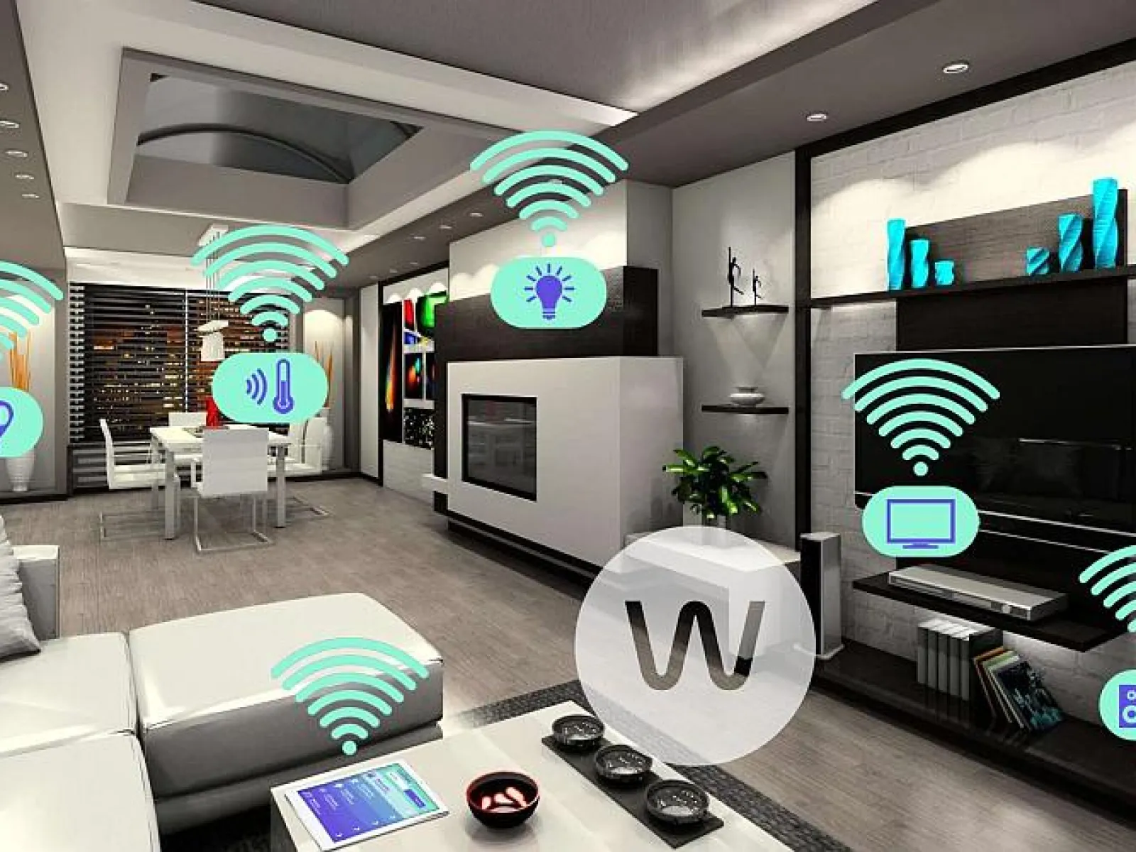 Modern living room with smart home wireless connectivity icons over devices like lights, TV, and kitchen appliances.