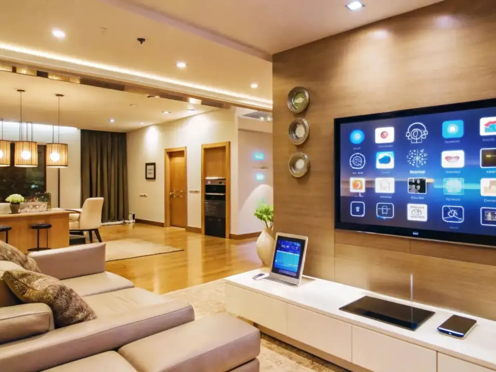 Modern living room with beige sectional sofa, large wall-mounted smart TV, and kitchen in open floor plan