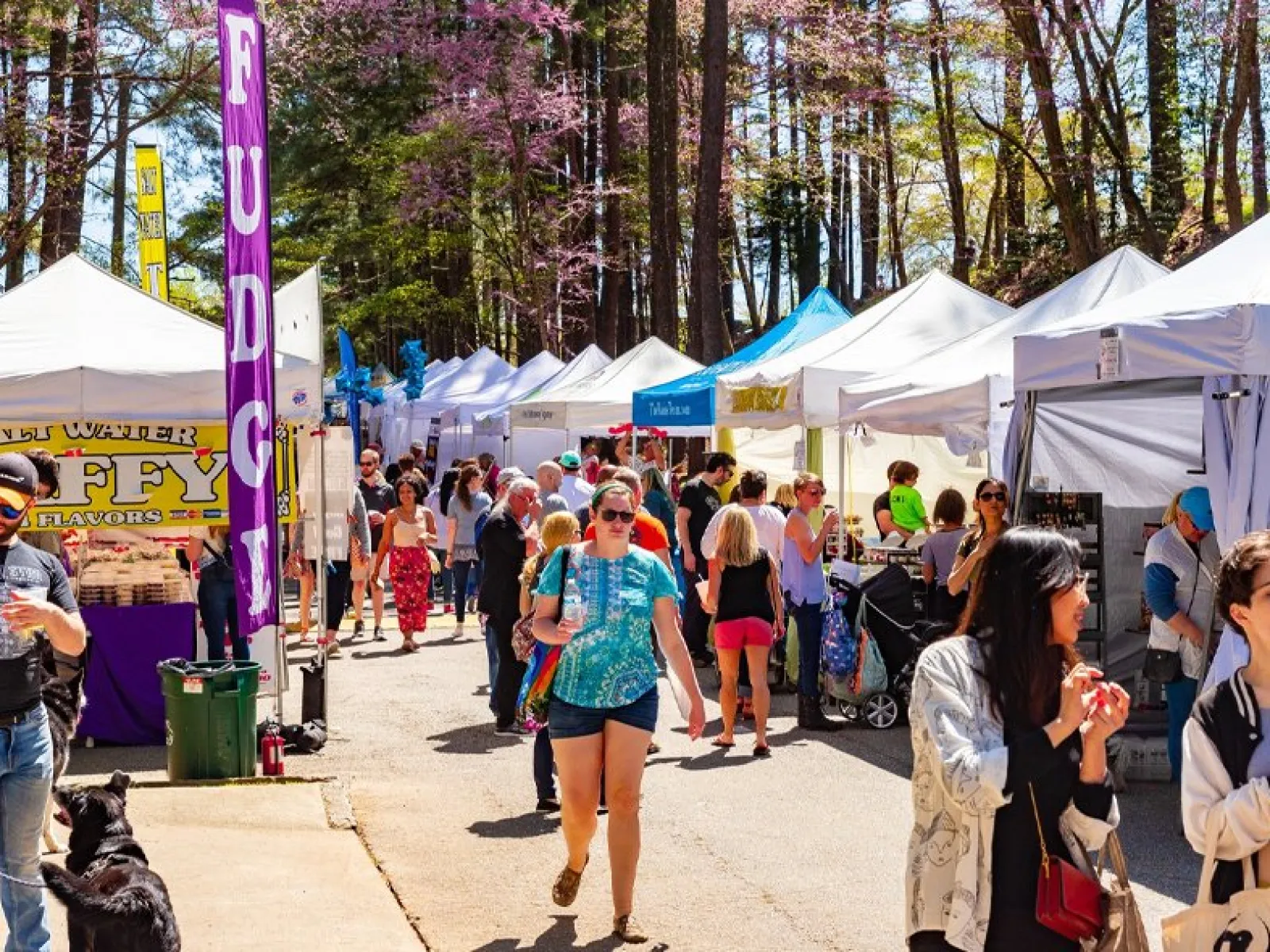 Crowded outdoor market with white tents, people walking, and colorful signs in Brookhaven GA