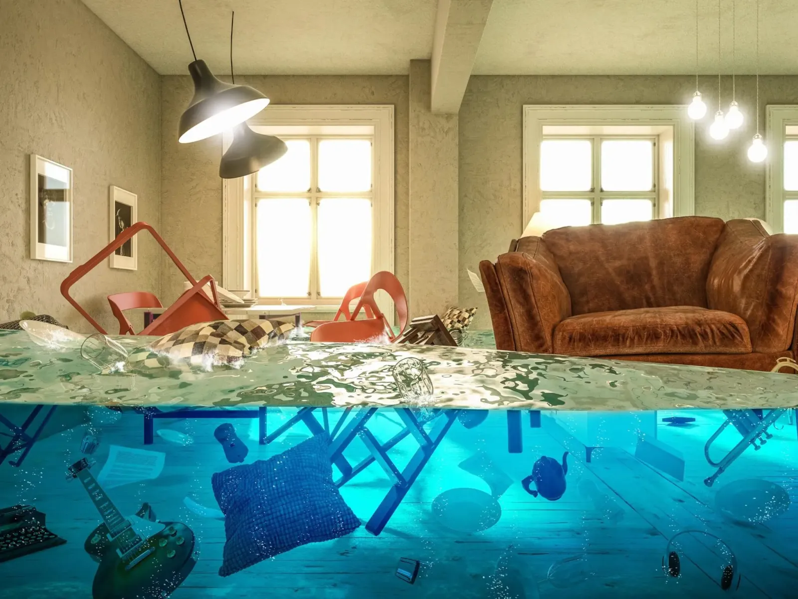Living room half-submerged underwater with floating furniture and scattered household items in distorted water.