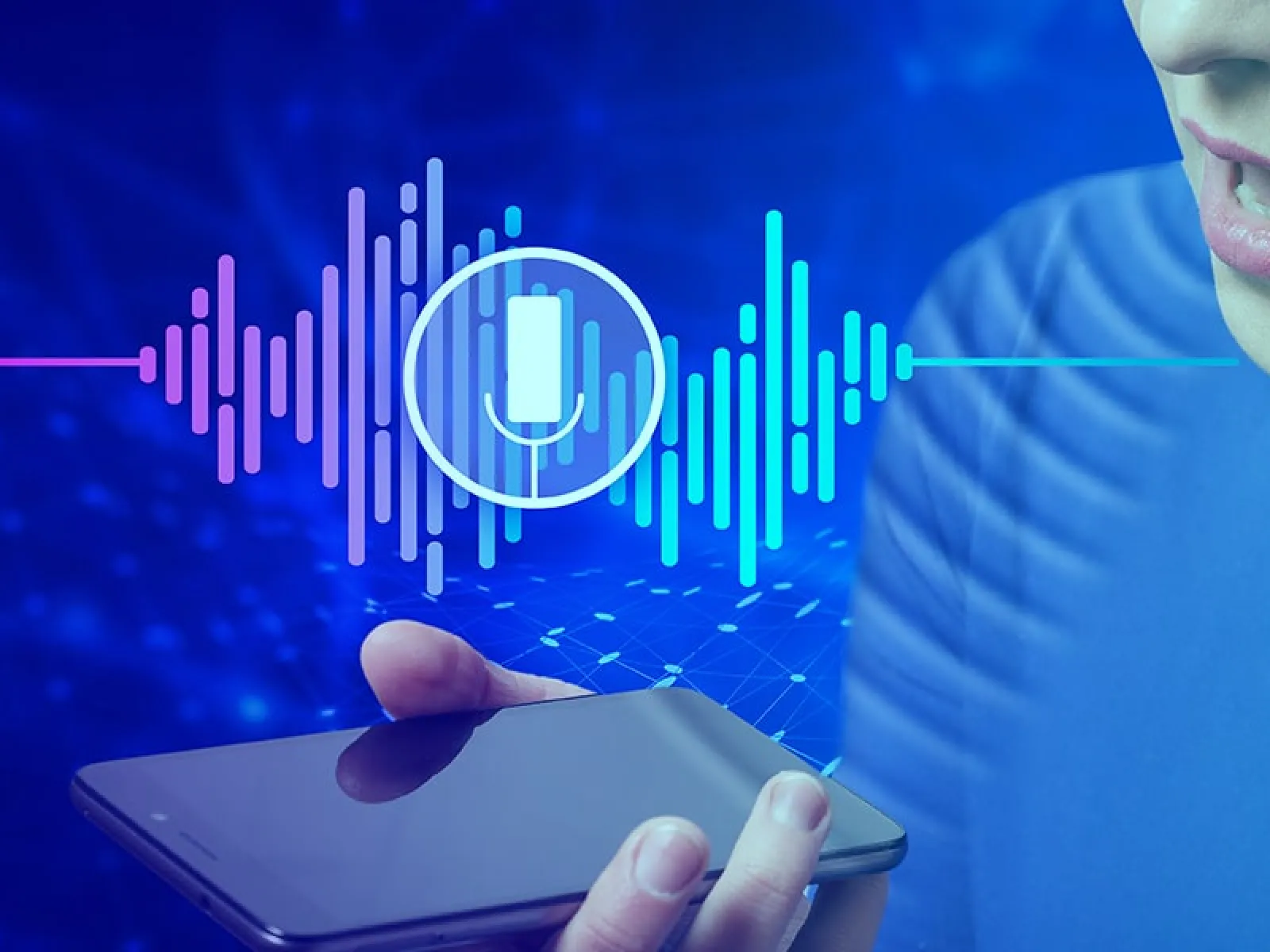 Woman using smartphone voice assistant with digital sound wave and microphone icon overlay on blue background