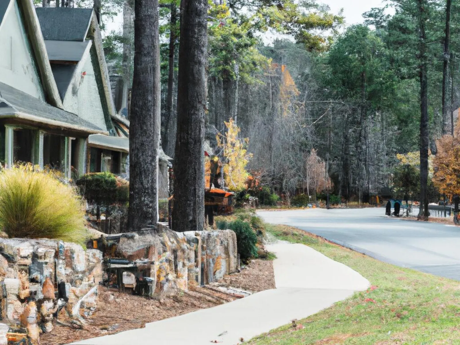 Quiet suburban street with stone houses in Stone Mountain