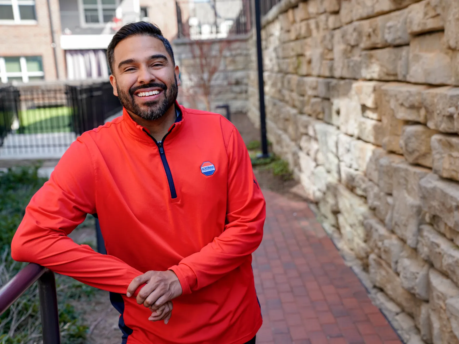 a man in a red shirt