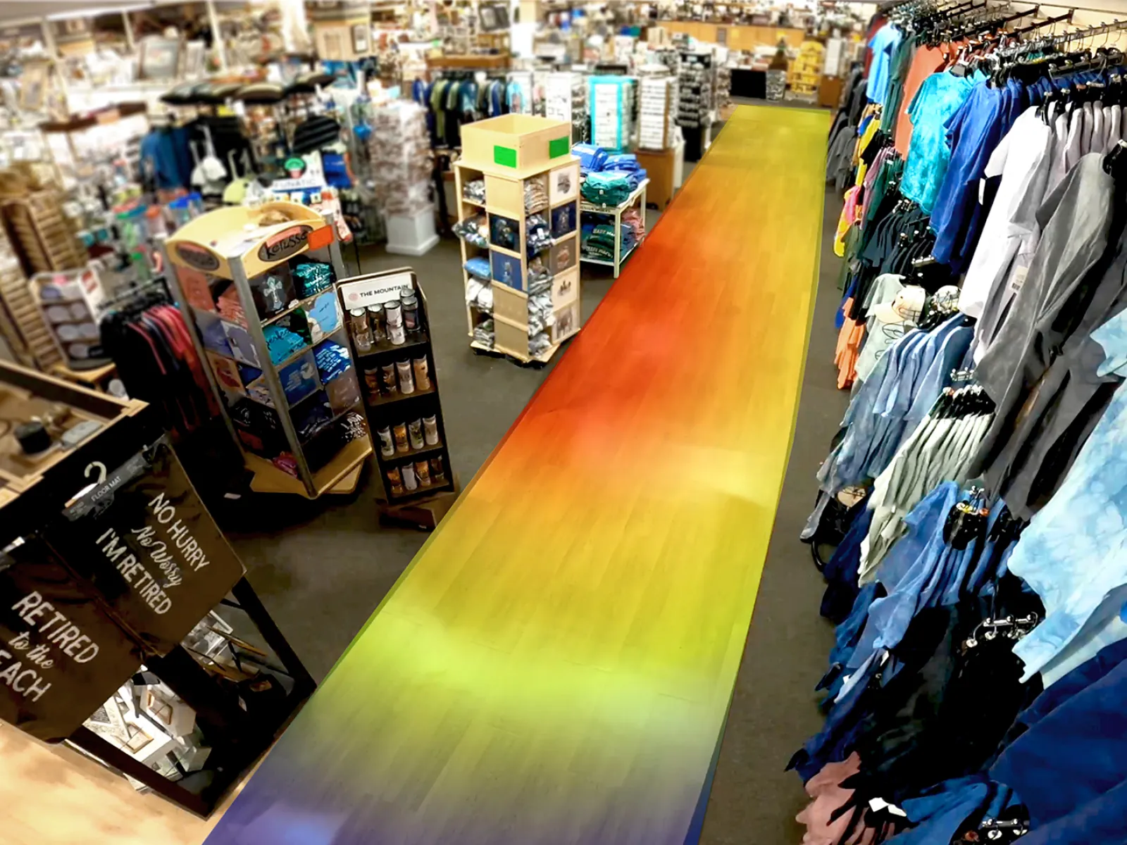 a long wooden table in a store