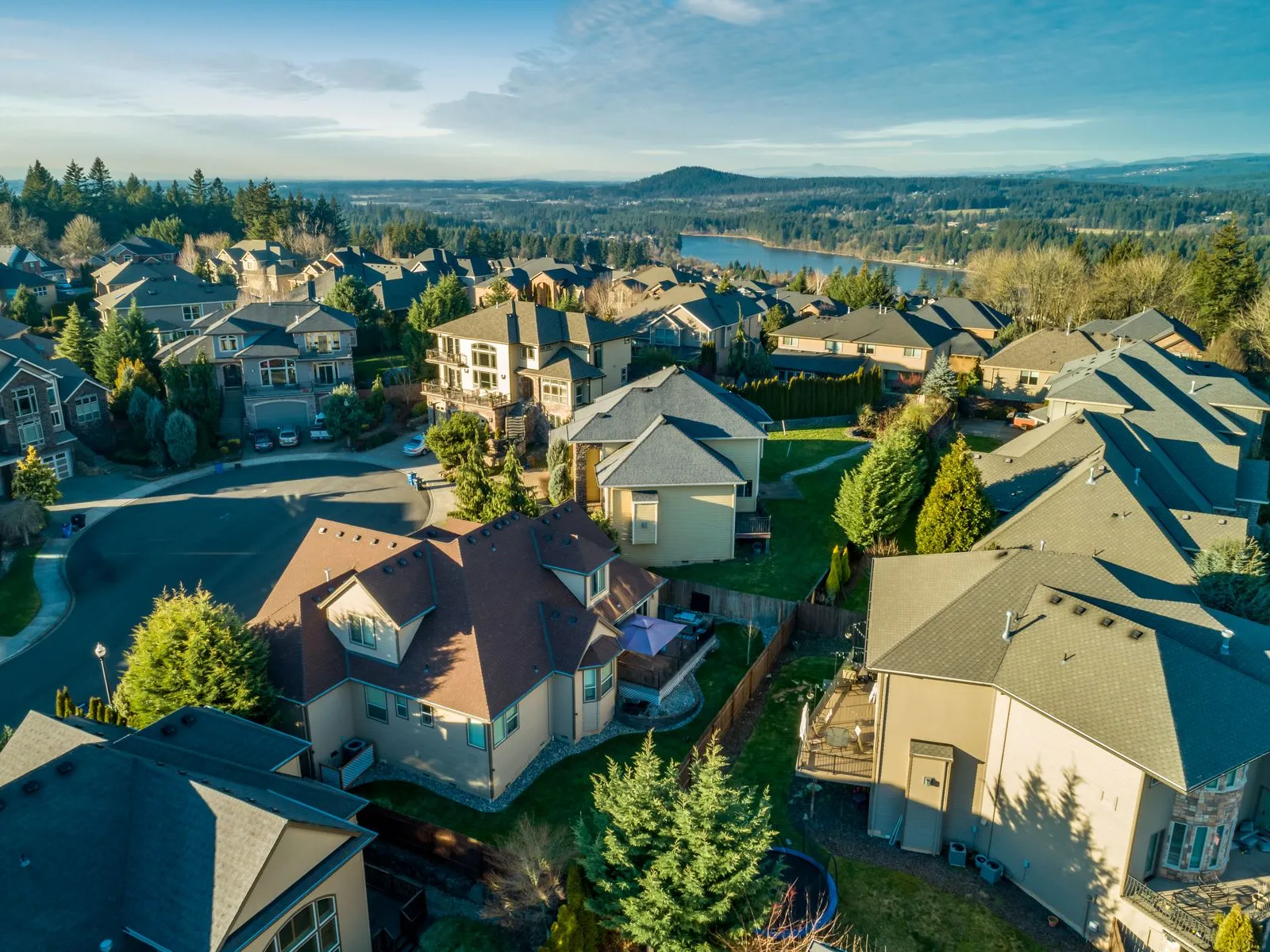 Aerial view of a suburban neighborhood with houses, trees, a lake, and rolling hills under a clear sky.