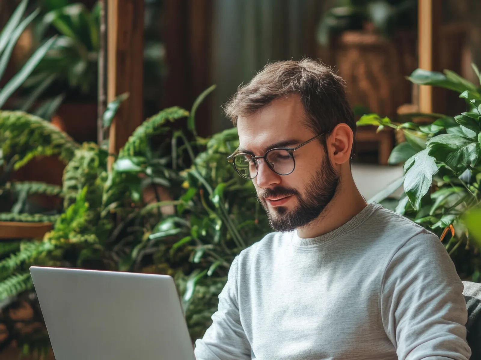 Man with glasses and beard working on laptop surrounded by indoor plants in cozy natural light setting