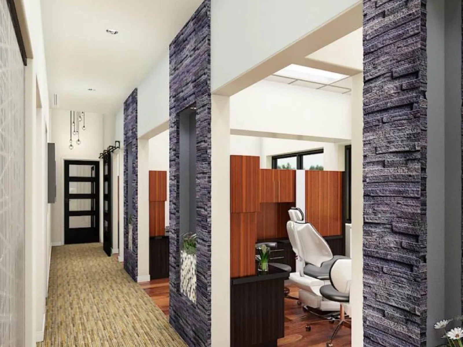 Modern interior design of a stylish dental office with wood accents and a bright atmosphere.