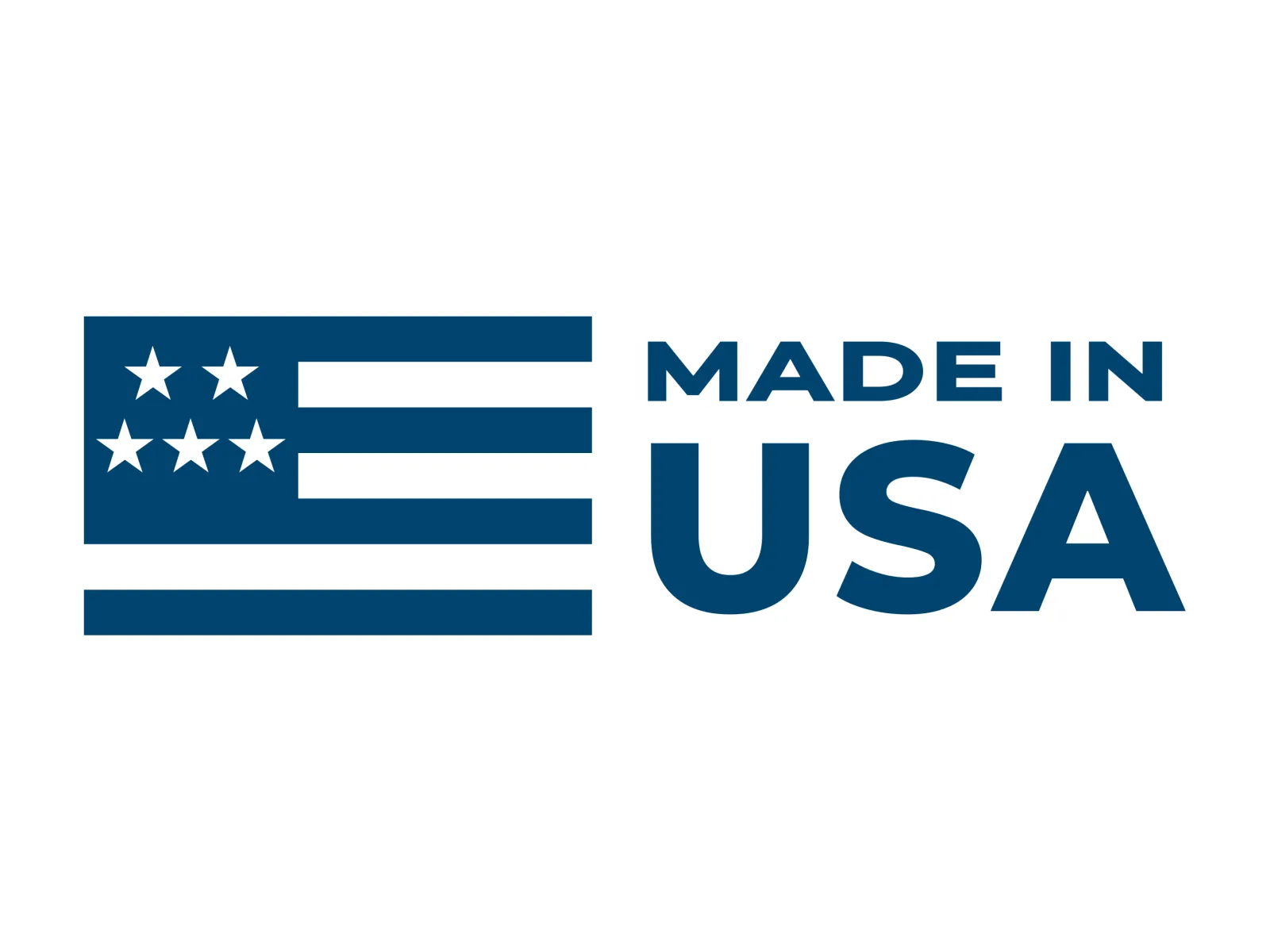Blue graphic with five stars and stripes next to bold text saying Made in USA on white background