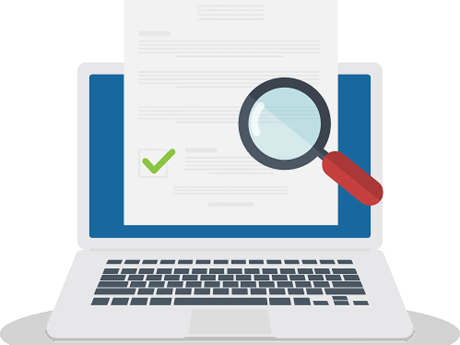 Laptop displaying a document with a green checkmark and a magnifying glass highlighting the text for review.