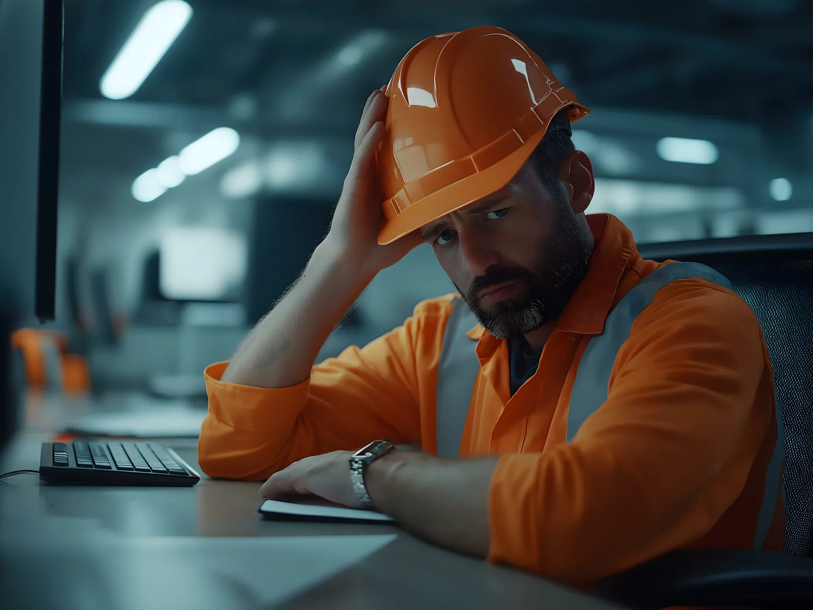 Tired male construction worker wearing an orange helmet and uniform sitting at a desk indoors with a laptop.