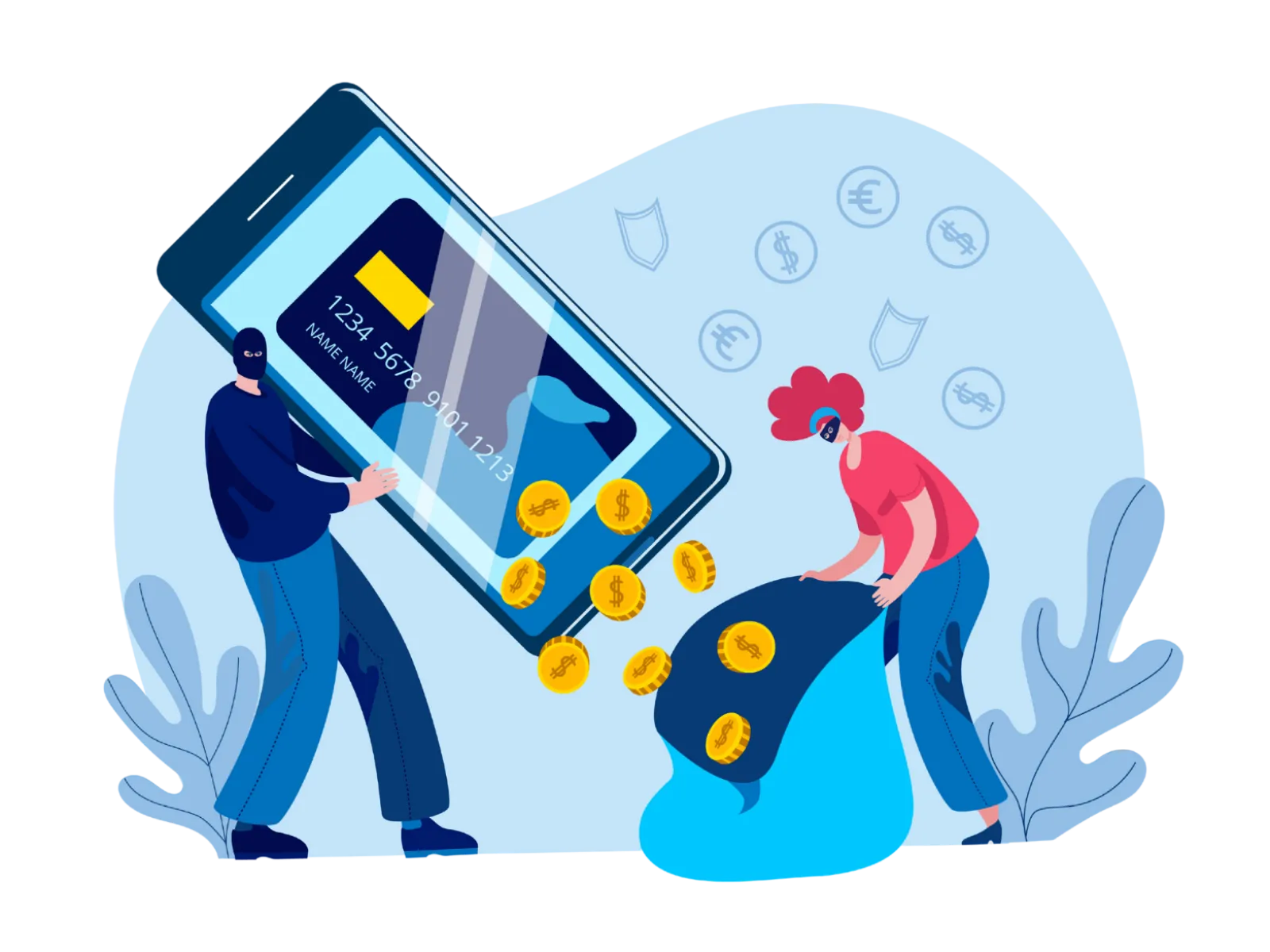 Illustration of masked thieves stealing coins and credit card data from a giant smartphone.