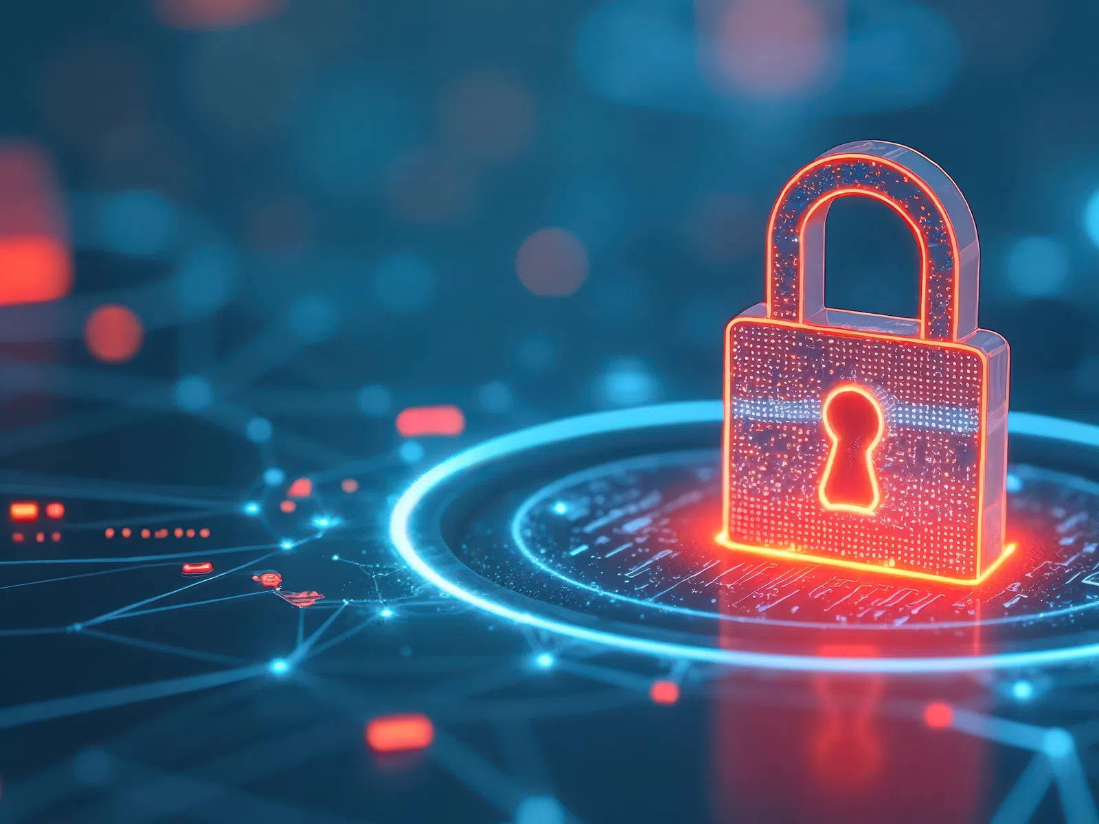 Glowing red digital padlock representing cybersecurity on a blue network with connected dots and lines.