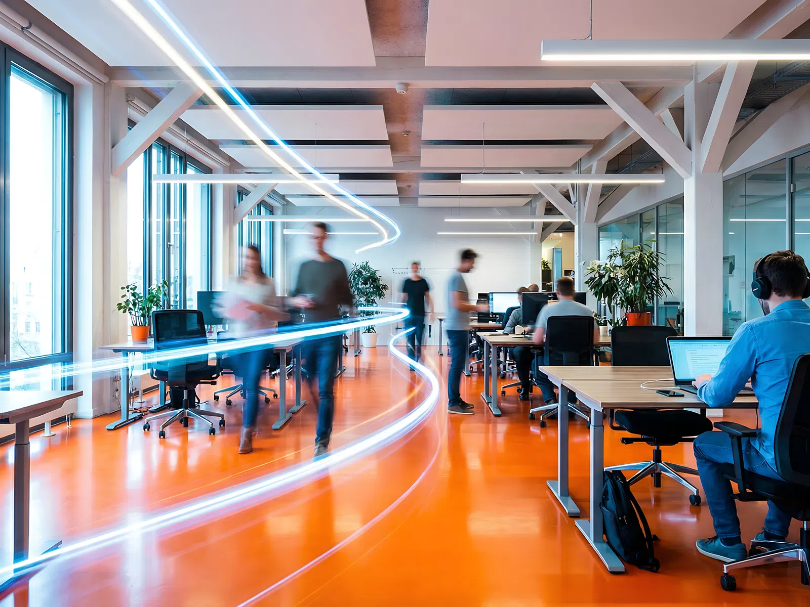 Modern open office with people working, walking, and light trails on orange floor symbolizing fast workflow.
