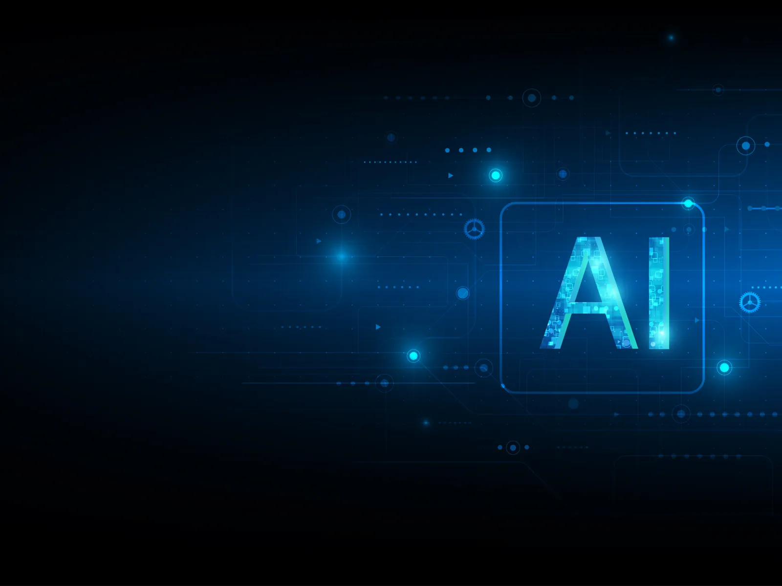 Glowing blue AI letters on digital circuit background representing artificial intelligence technology concept.