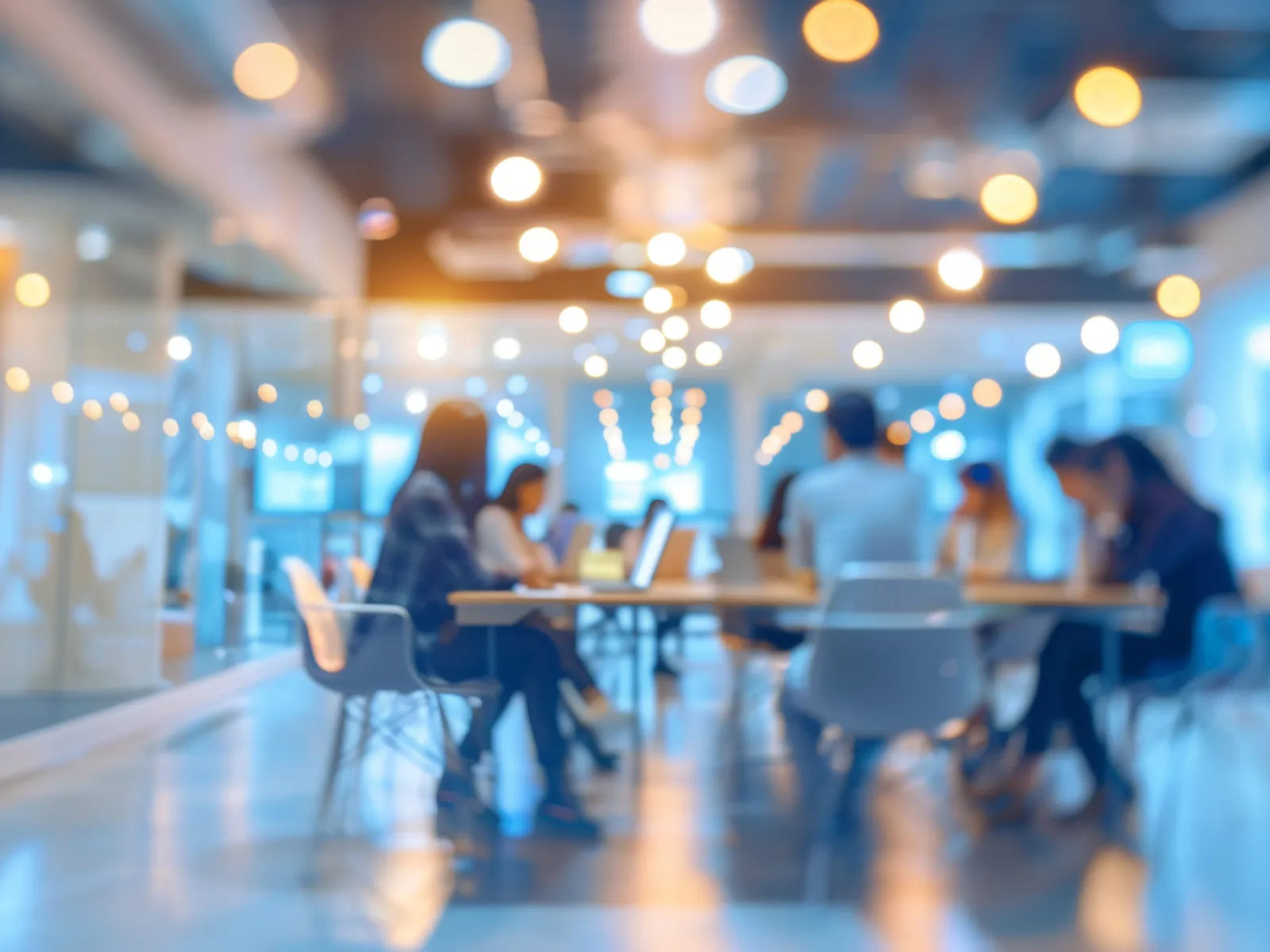 Blurred image of people working together at a modern office with bright overhead lights and large windows.
