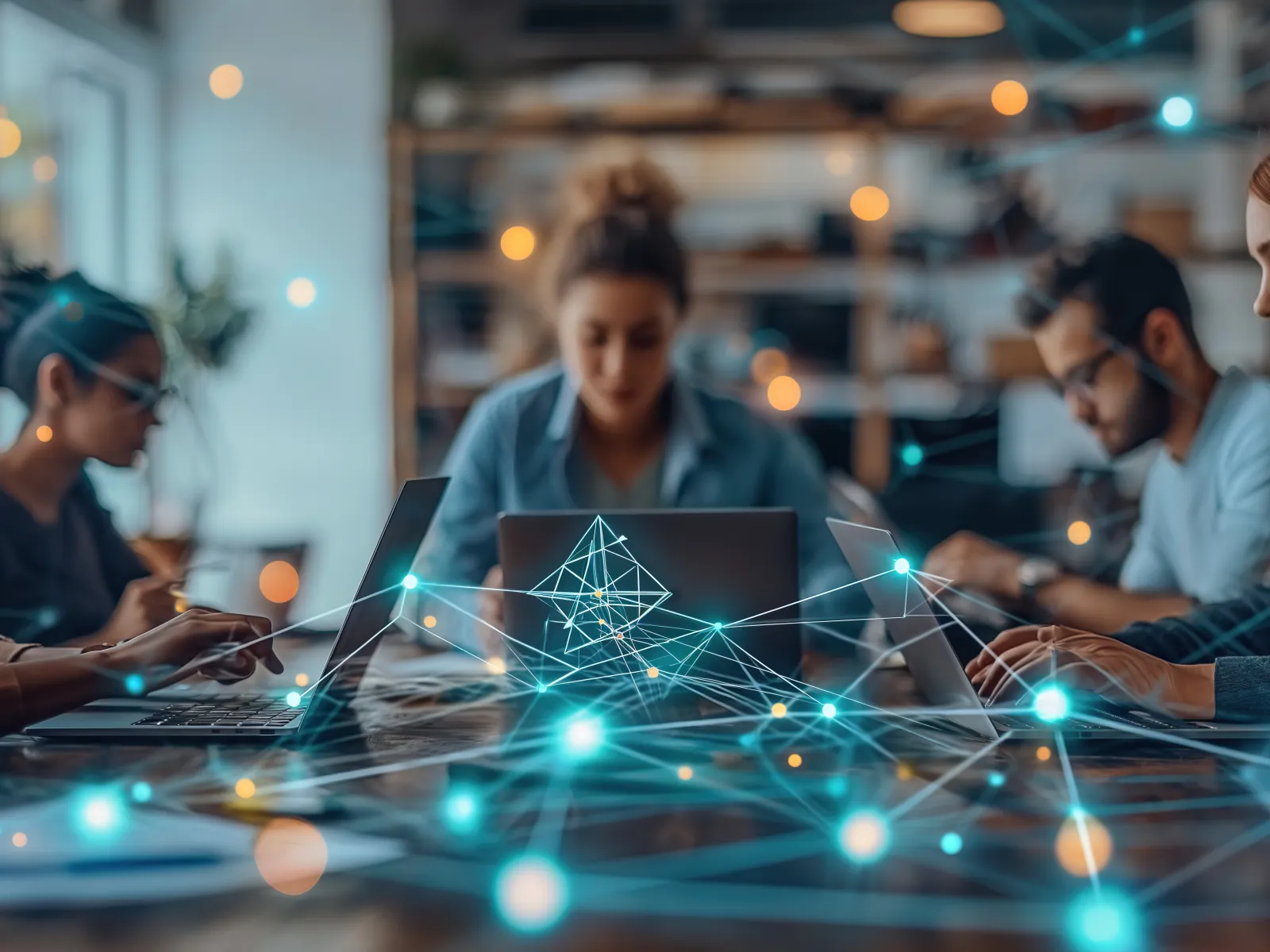 Diverse team collaborating on laptops with digital network graphics symbolizing technology and innovation.