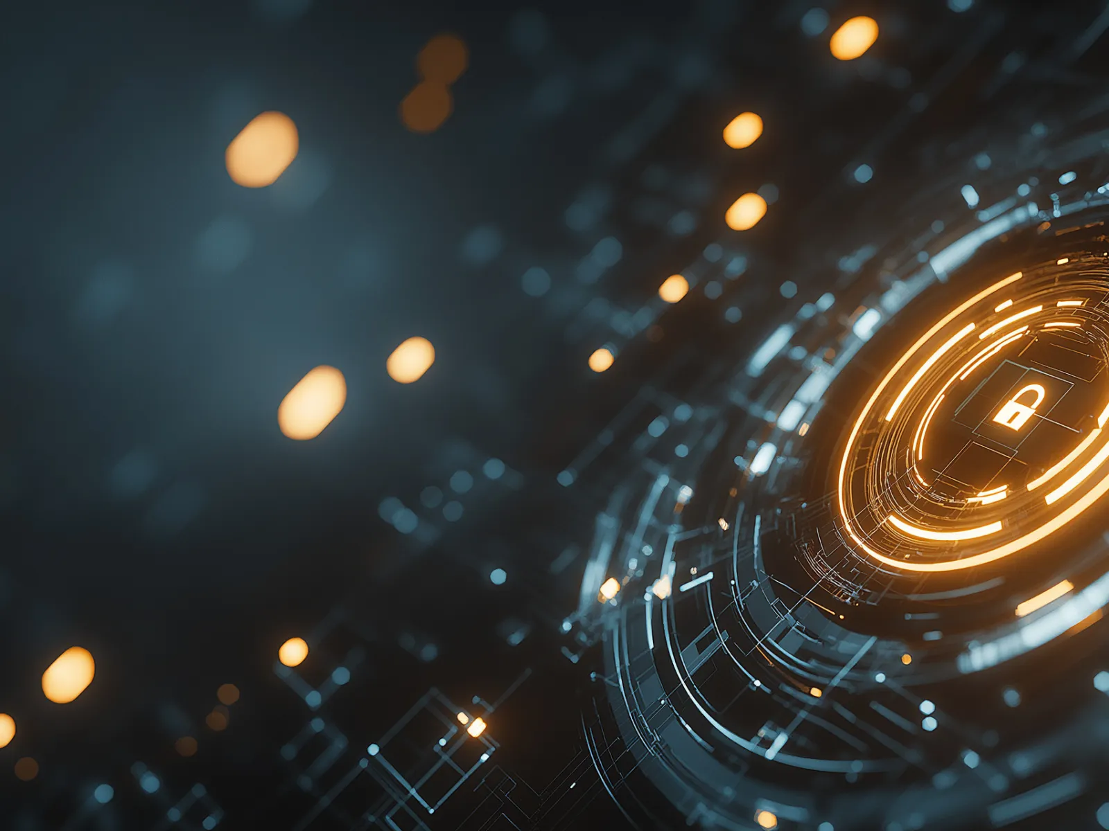 Futuristic digital lock icon with glowing circuits representing cybersecurity and data protection technology.