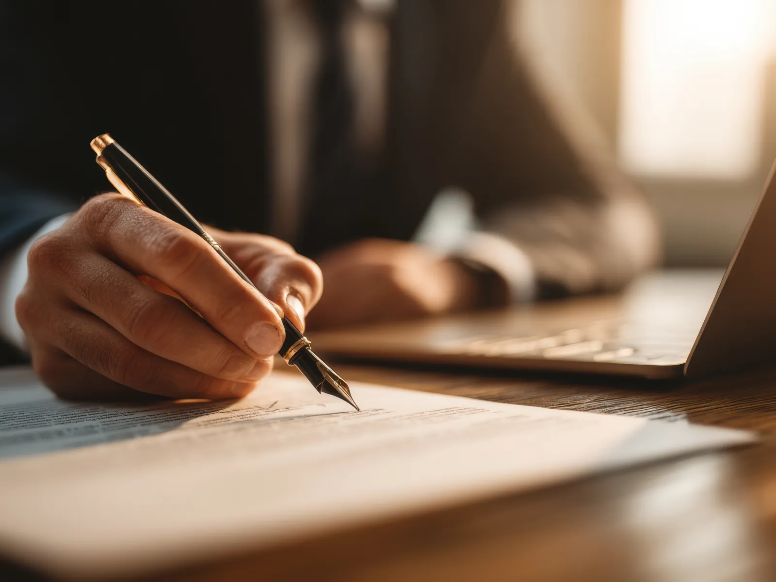 Person in business attire signing a document with a pen next to an open laptop on a wooden table