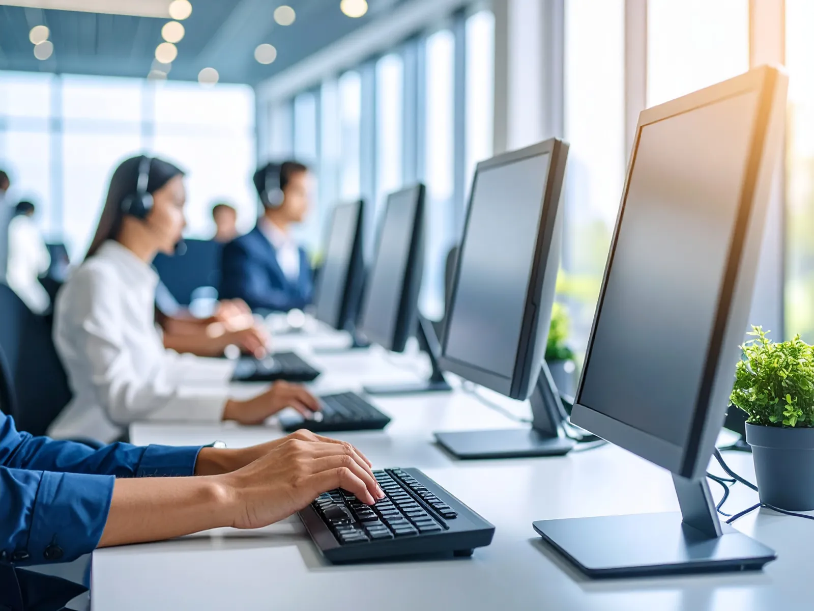 Customer service representatives wearing headsets working on computers in a bright modern office.