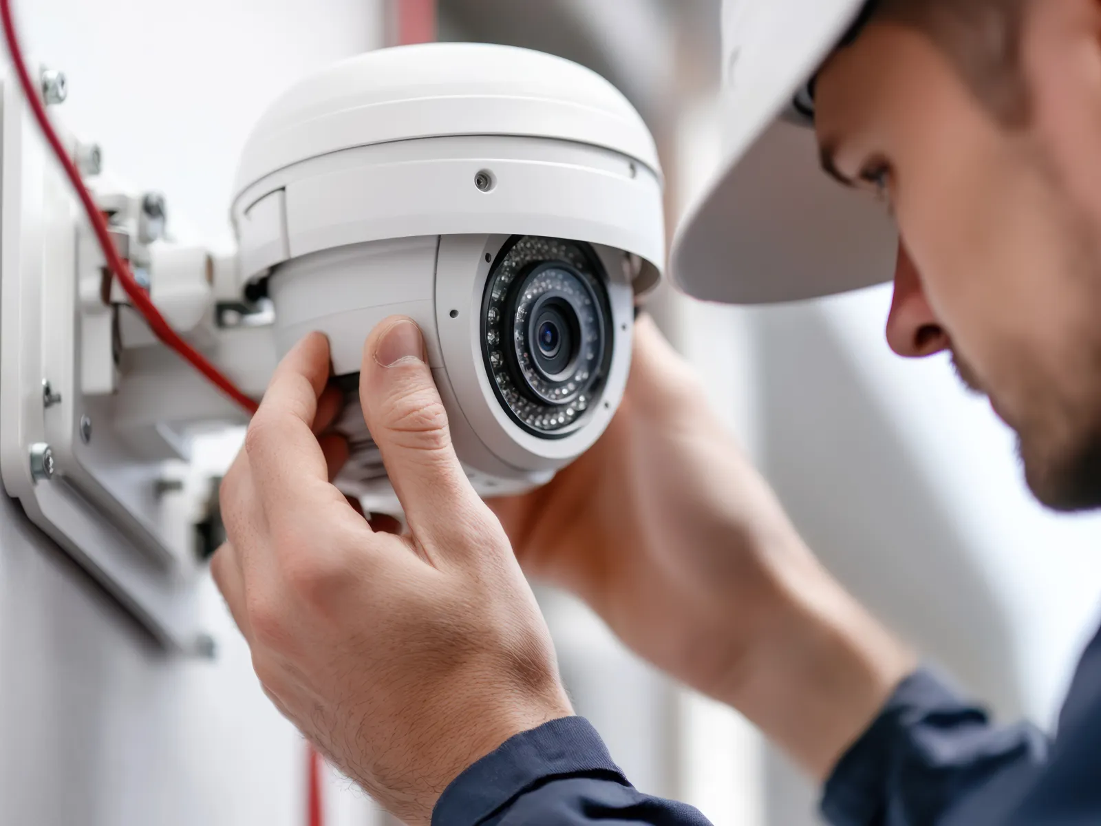 Technician installing a white dome security camera on a wall, adjusting its position carefully indoors.