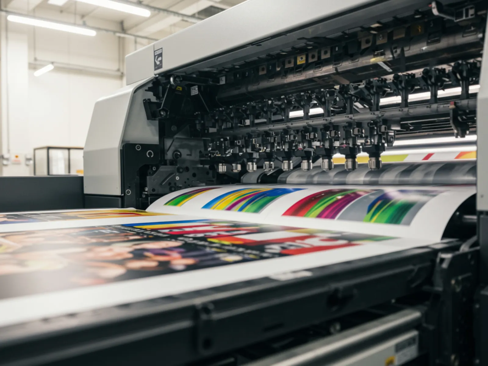Industrial color printing machine producing vibrant, high-quality large format prints in a factory setting.