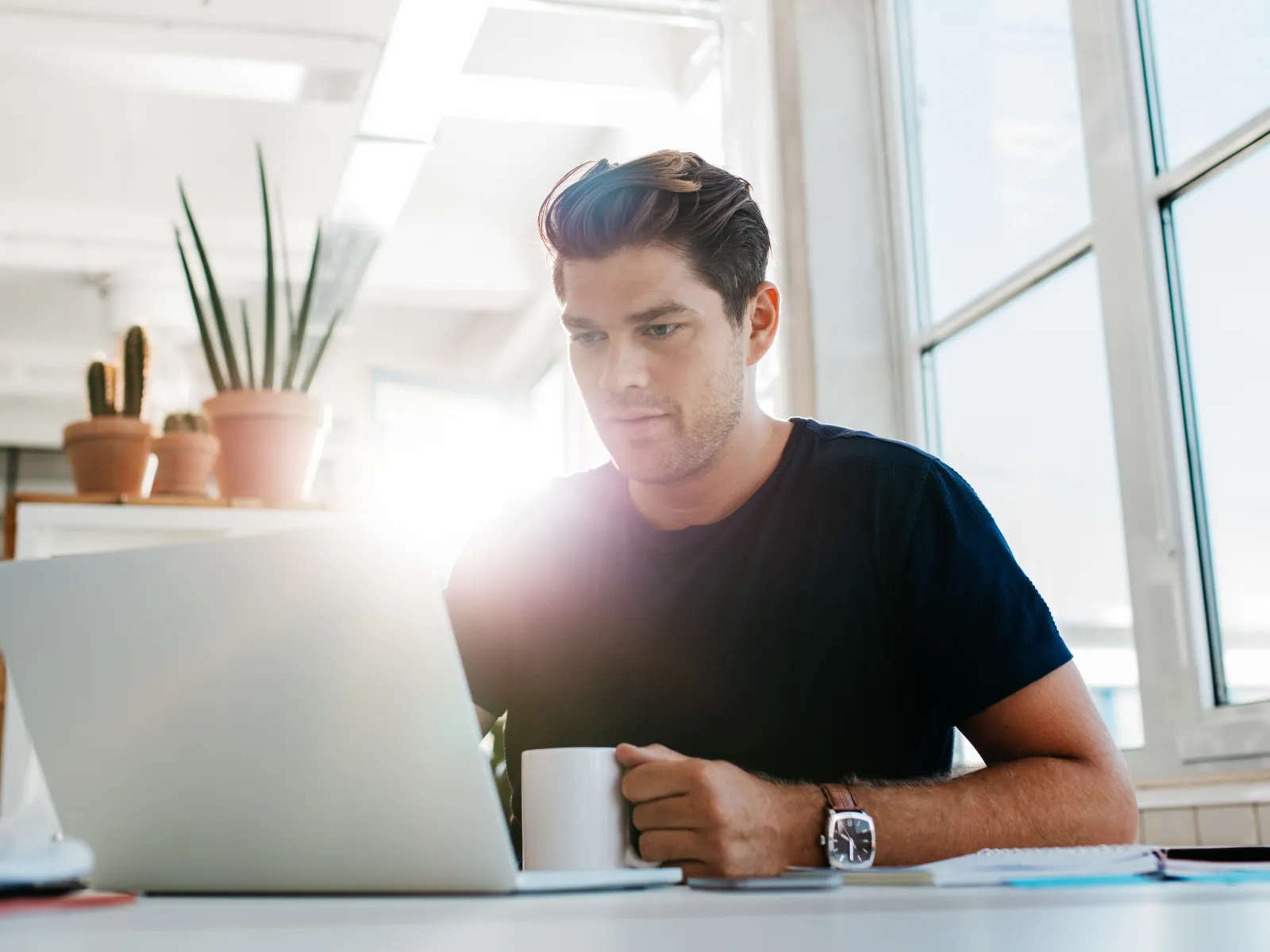 Man working on laptop at bright desk with coffee cup and potted plants in a modern office setting.