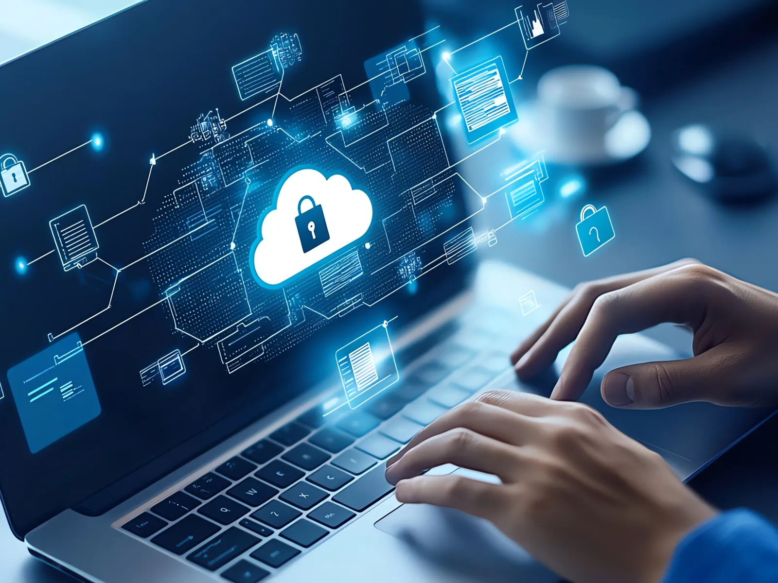 Person typing on laptop keyboard with digital cloud security icons and data network graphics overlay.