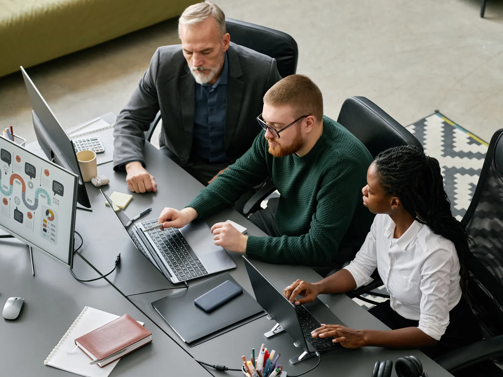 Three professionals collaborating at a desk with laptops and a monitor displaying charts and graphs in a modern office.