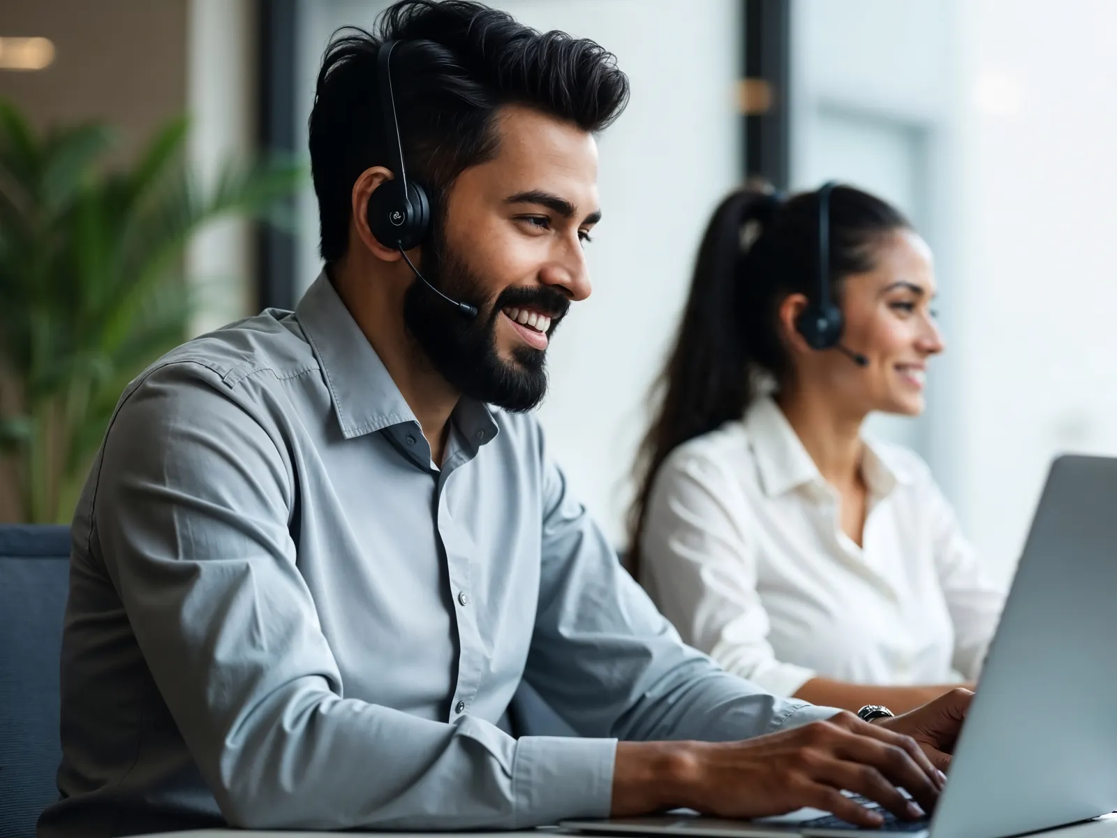 Two customer service agents wearing headsets working on laptops in a bright office environment