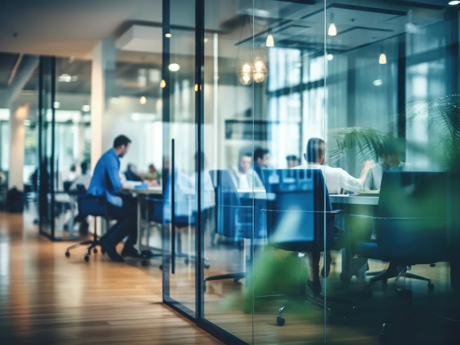 Modern office space with employees working at desks visible through glass walls and natural light