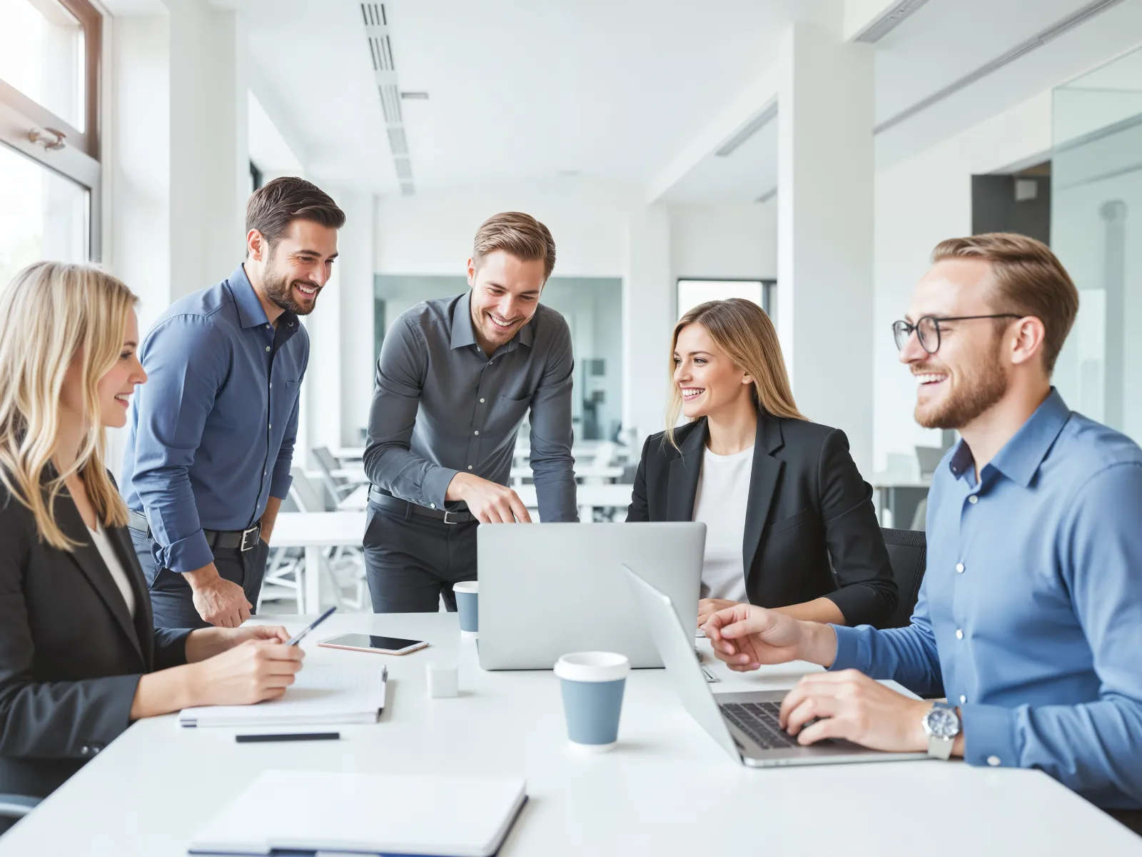 Group of five professionals collaborating and smiling around a table with laptops and documents in a modern office.