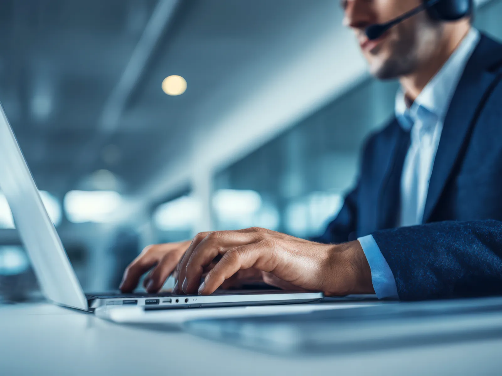 Customer service representative in headset typing on laptop in modern office environment.