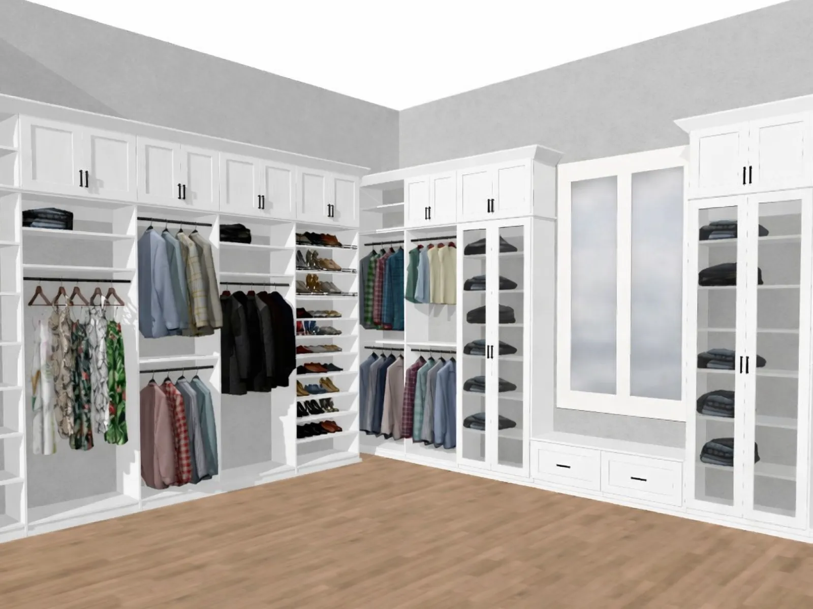 Spacious walk-in closet with white shelves, hanging clothes, shoe racks, a window, and wood flooring.