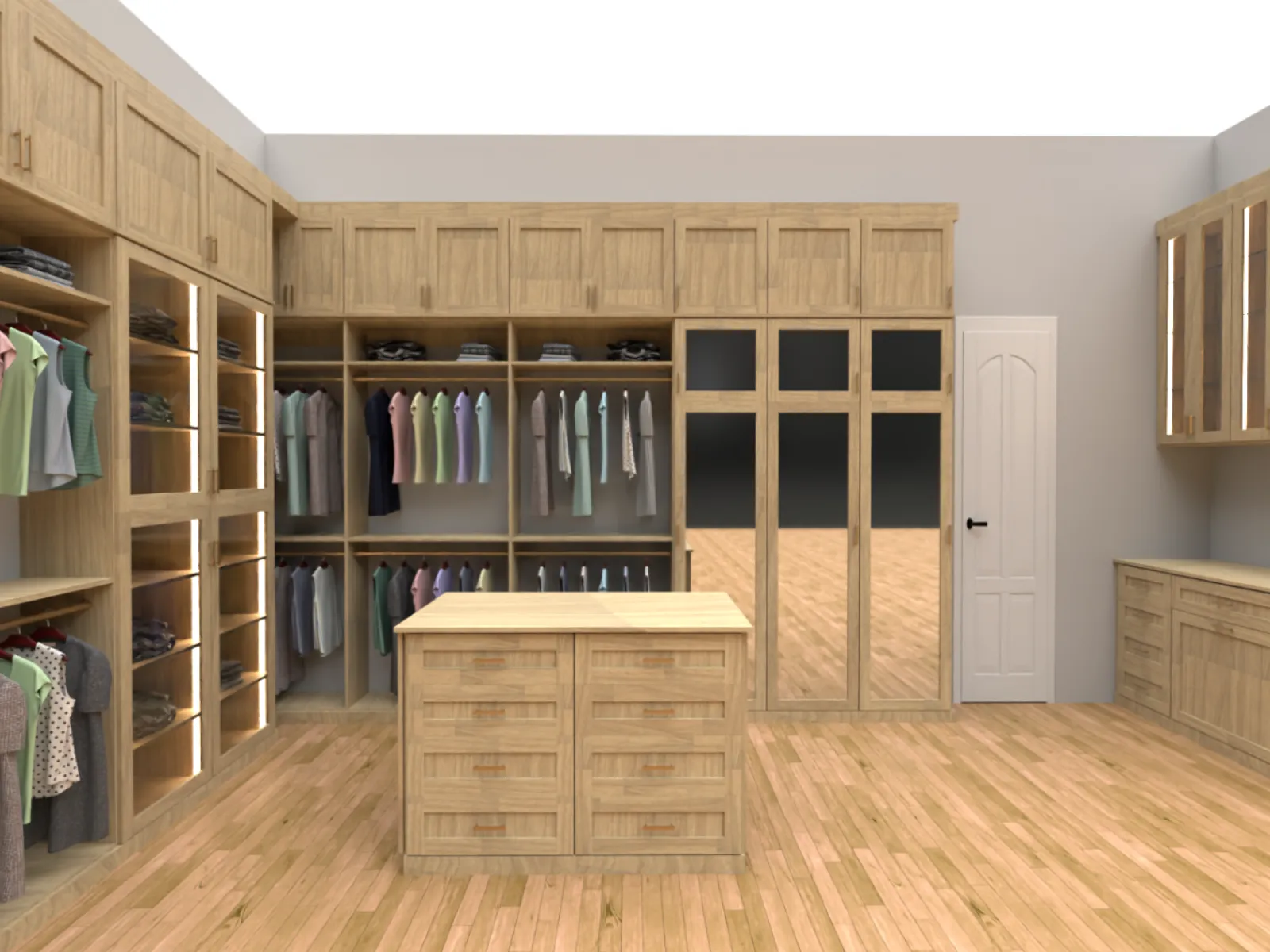 a 3-D rendering of a closet with wooden cabinets and a wood floor