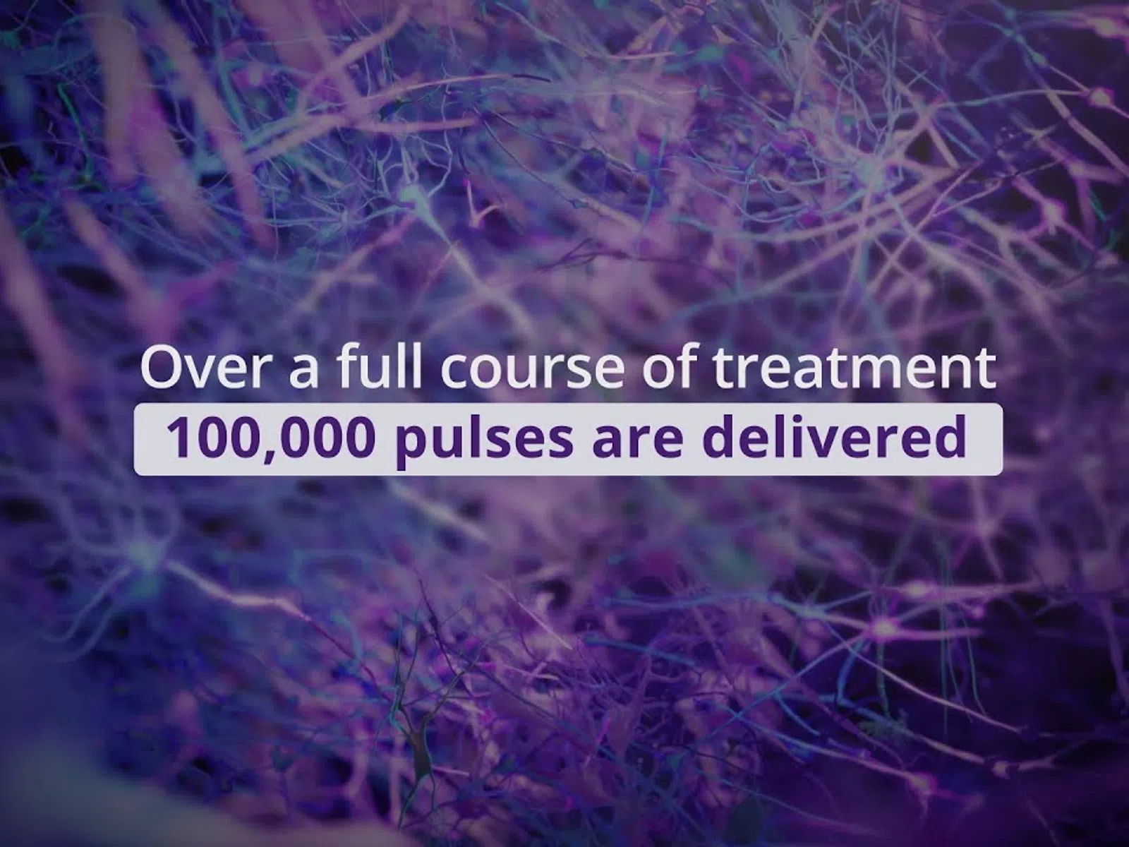 Text stating over a full course of treatment, 100,000 pulses are delivered on a purple neural background.
