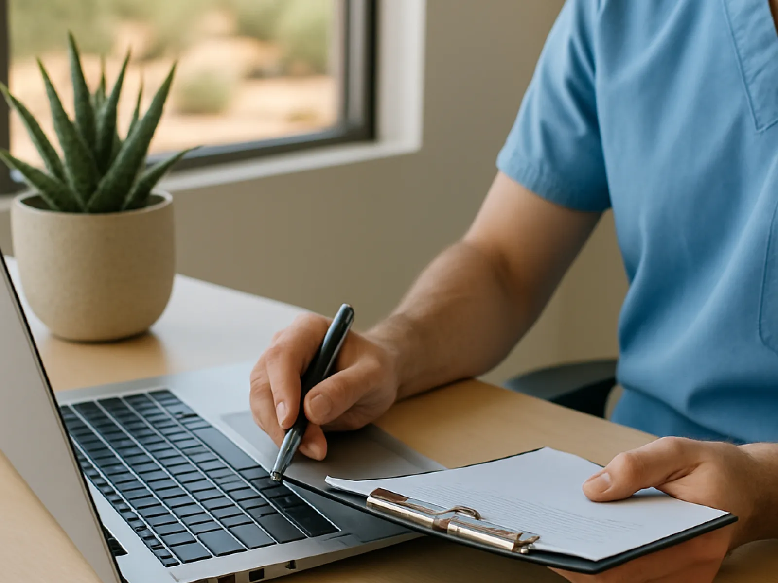 Medical professional in blue scrubs using laptop and clipboard with stethoscope on desk near window