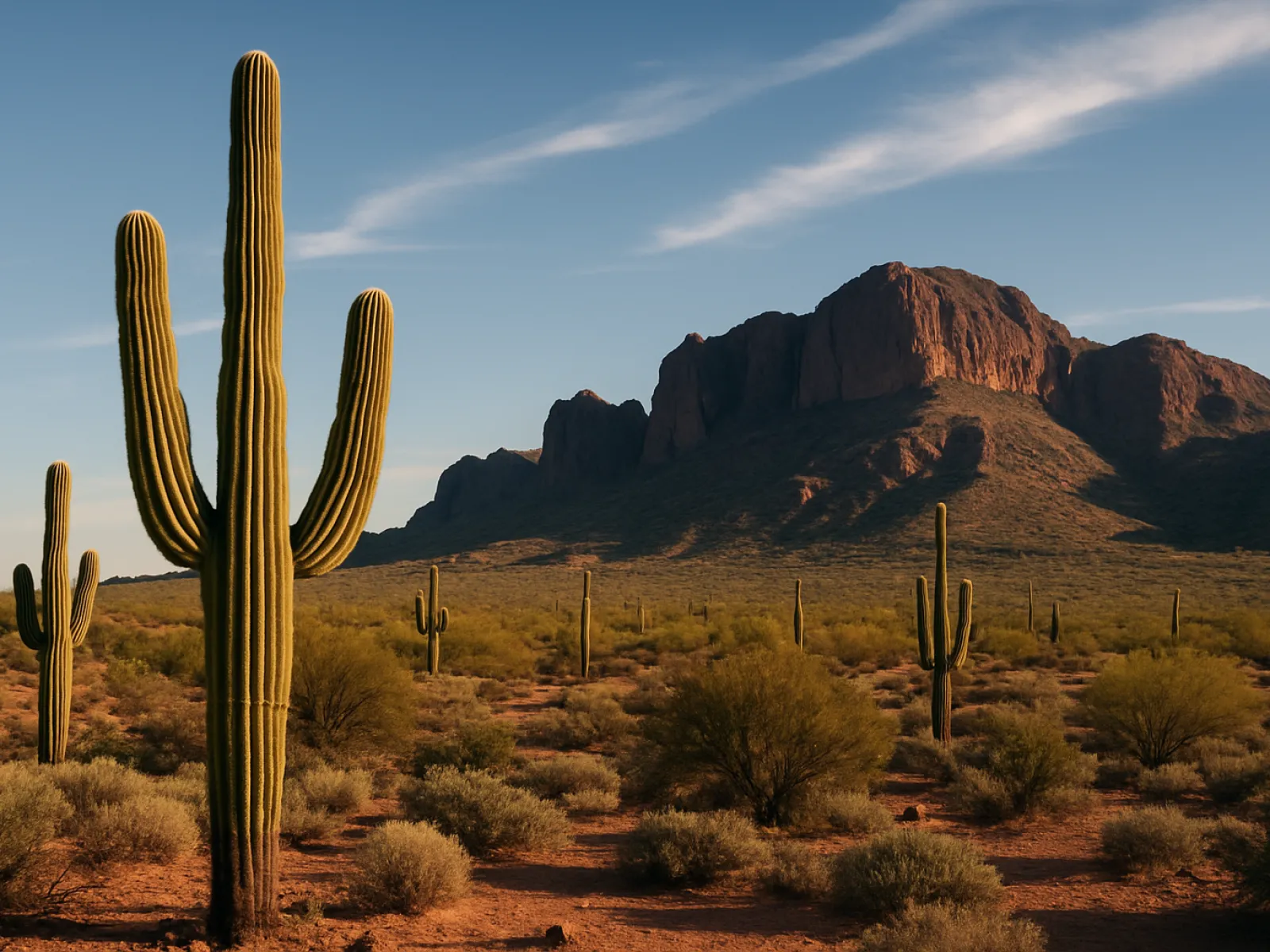Tall saguaro cacti in Sonoran desert with mountain backdrop under partly cloudy blue sky