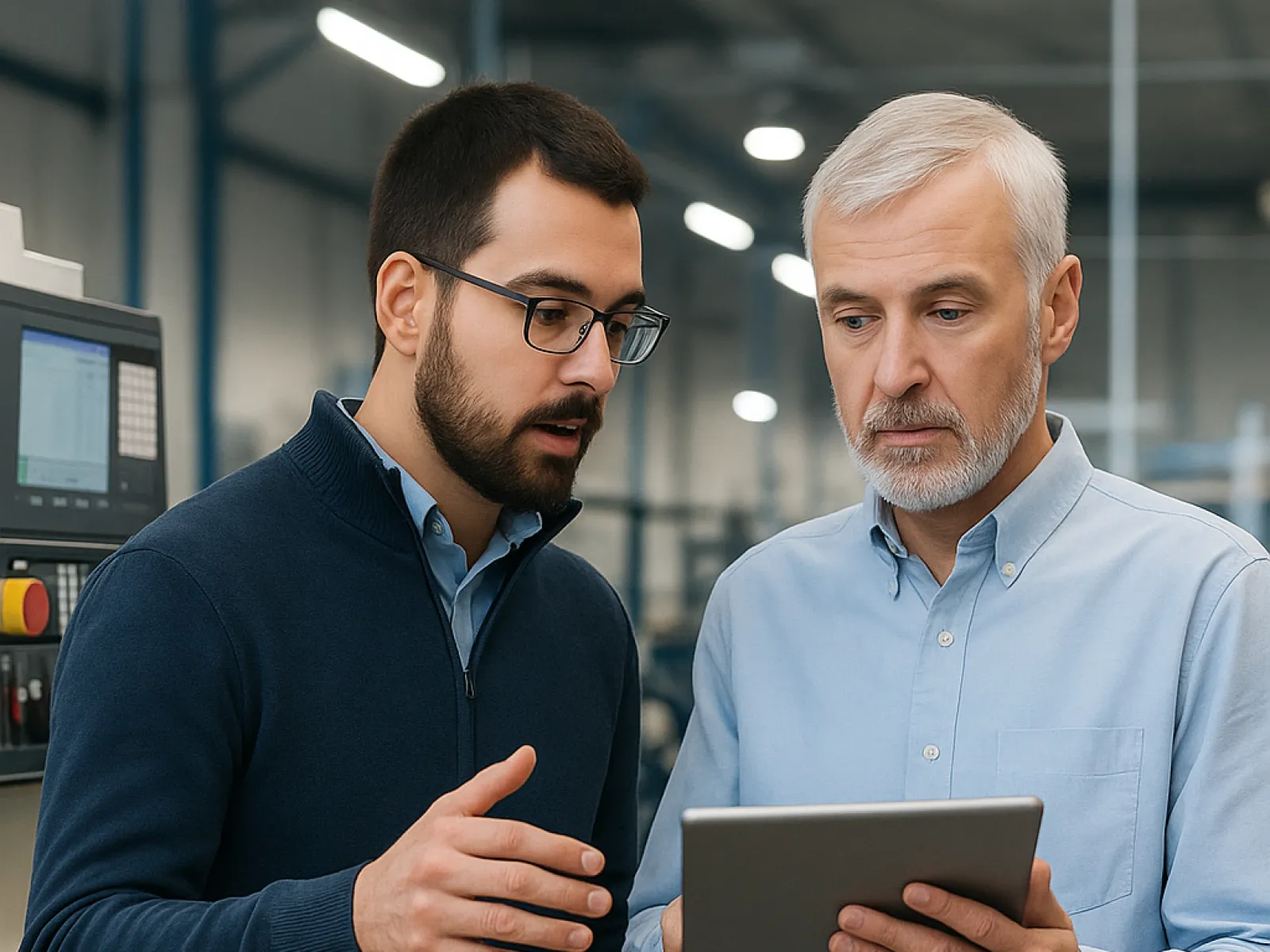 Two engineers discussing project details using a tablet in a modern industrial manufacturing facility.