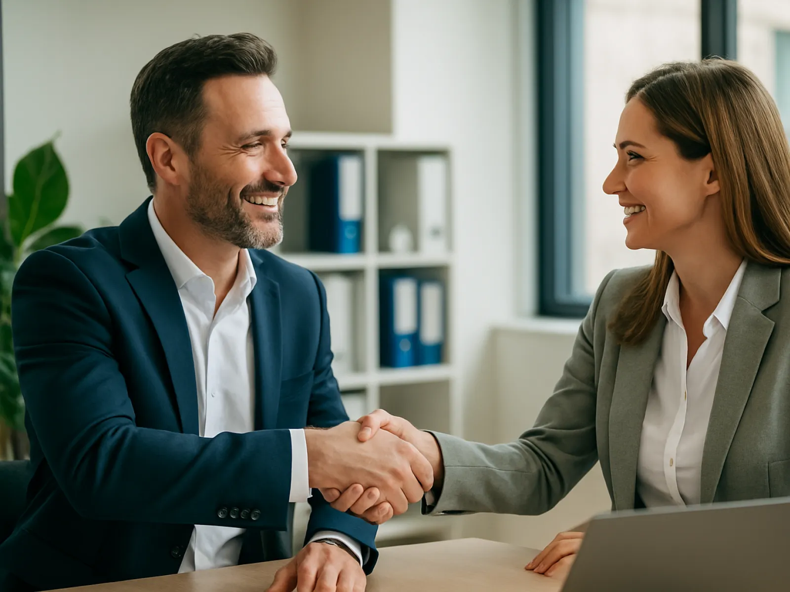 Two business professionals in suits shaking hands and smiling during a meeting in an office setting