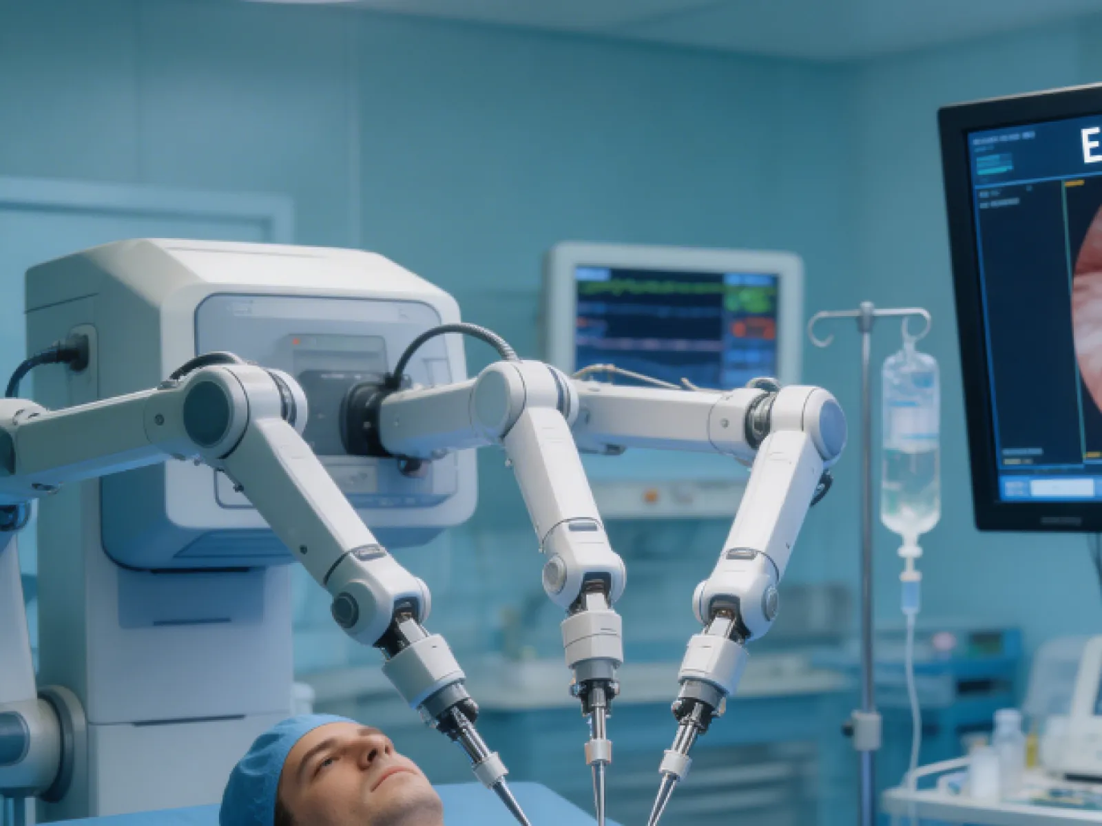 Surgeons operating with robotic arms on patient using endoscopic view displayed on screen in modern OR.