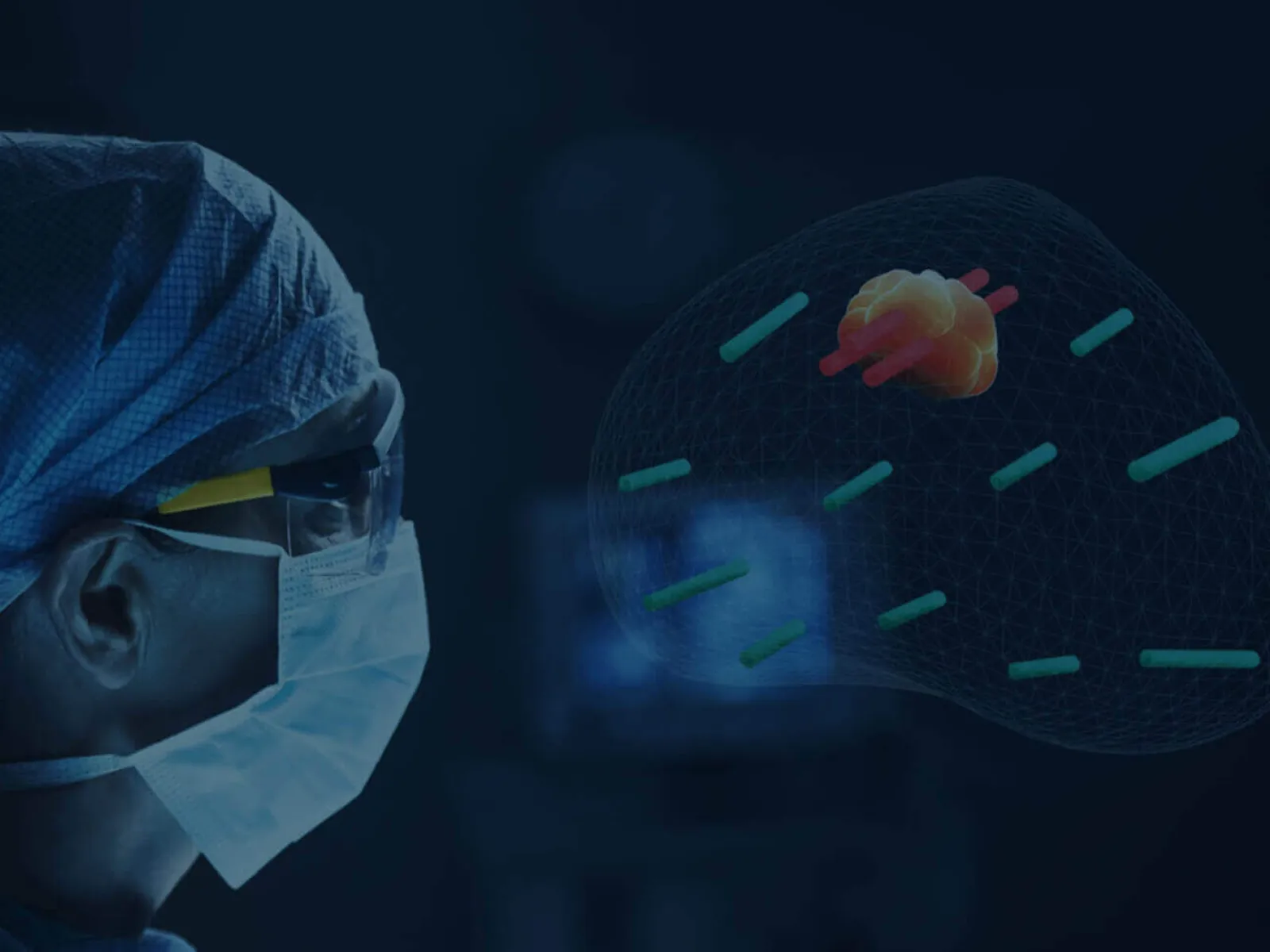 Surgeon in protective gear viewing 3D holographic heart model in dark high-tech medical environment